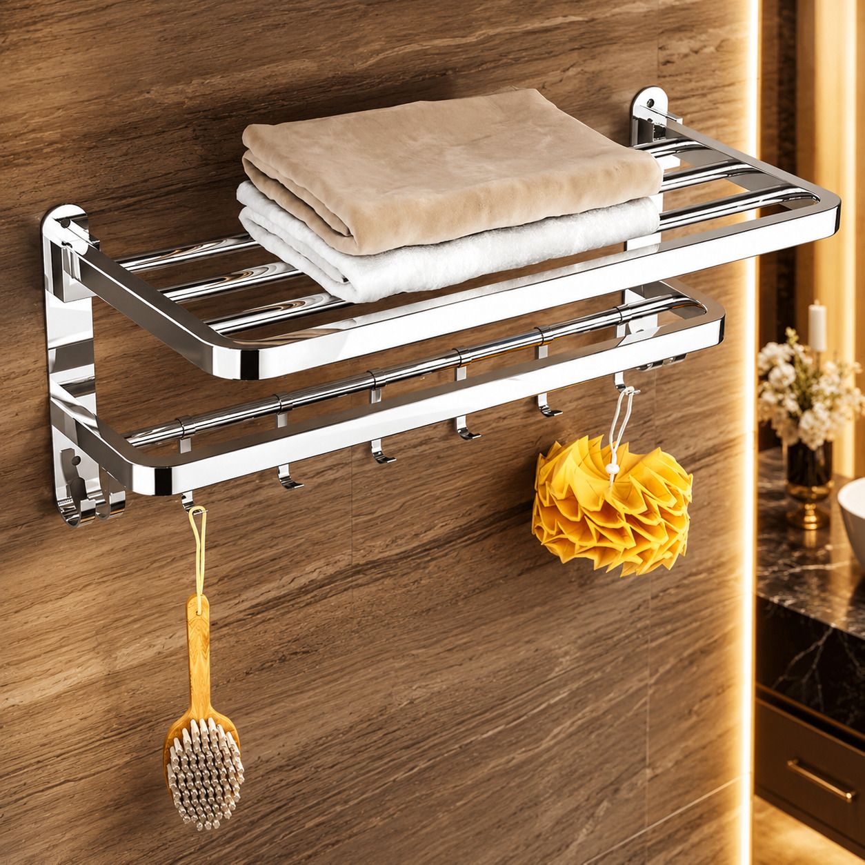 forsquare hardware products Bathroom Organizer Shelf Rack with Hook Hanger and Bar 60 inch 2 Bar Towel Rod-picture-37