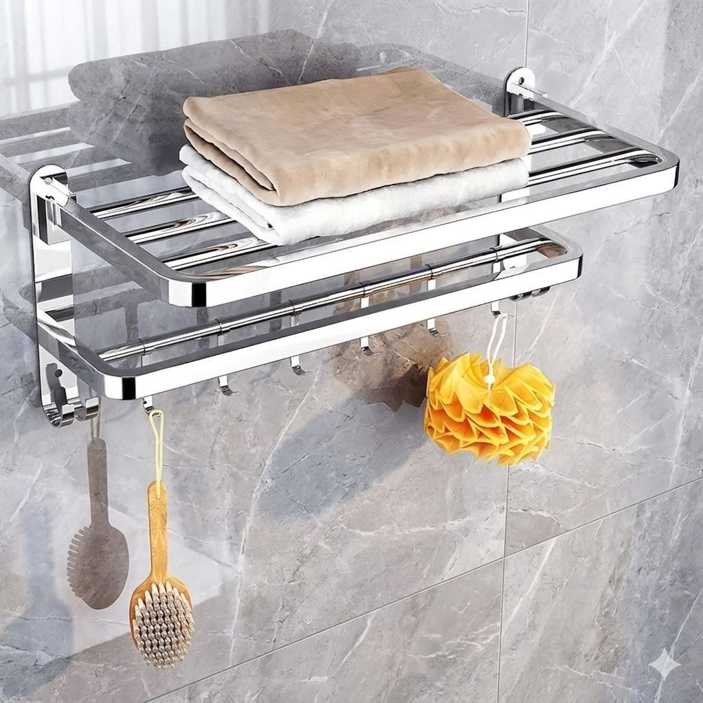 forsquare hardware products Wall Mounted Stainless Steel Towel Rack with Hooks for Bathroom 60 inch 2 Bar Towel Rod-picture-10