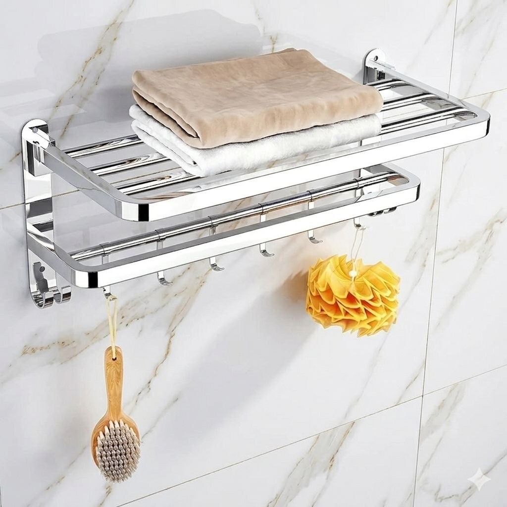 forsquare hardware products Bathroom Towel Rack with Storage Shelf and Multipurpose Hooks 60 inch 2 Bar Towel Rod-picture-27