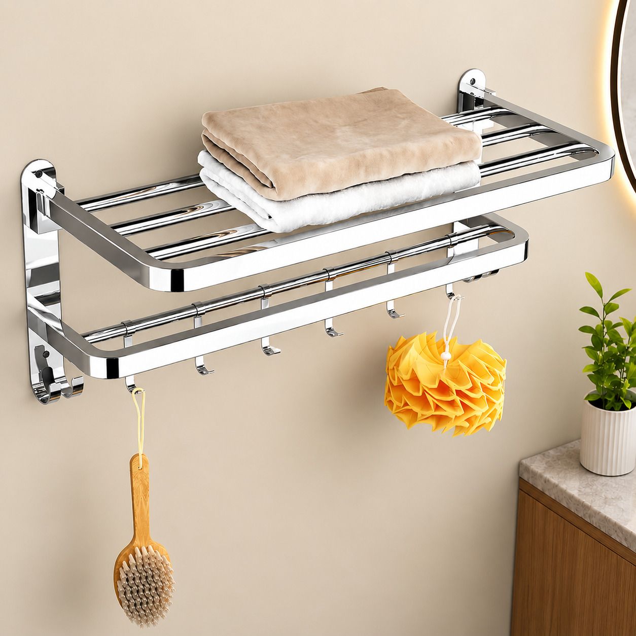 forsquare hardware products Rust Proof Stainless Steel Bathroom Rack with Utility Hooks 60 inch 2 Bar Towel Rod-picture-14