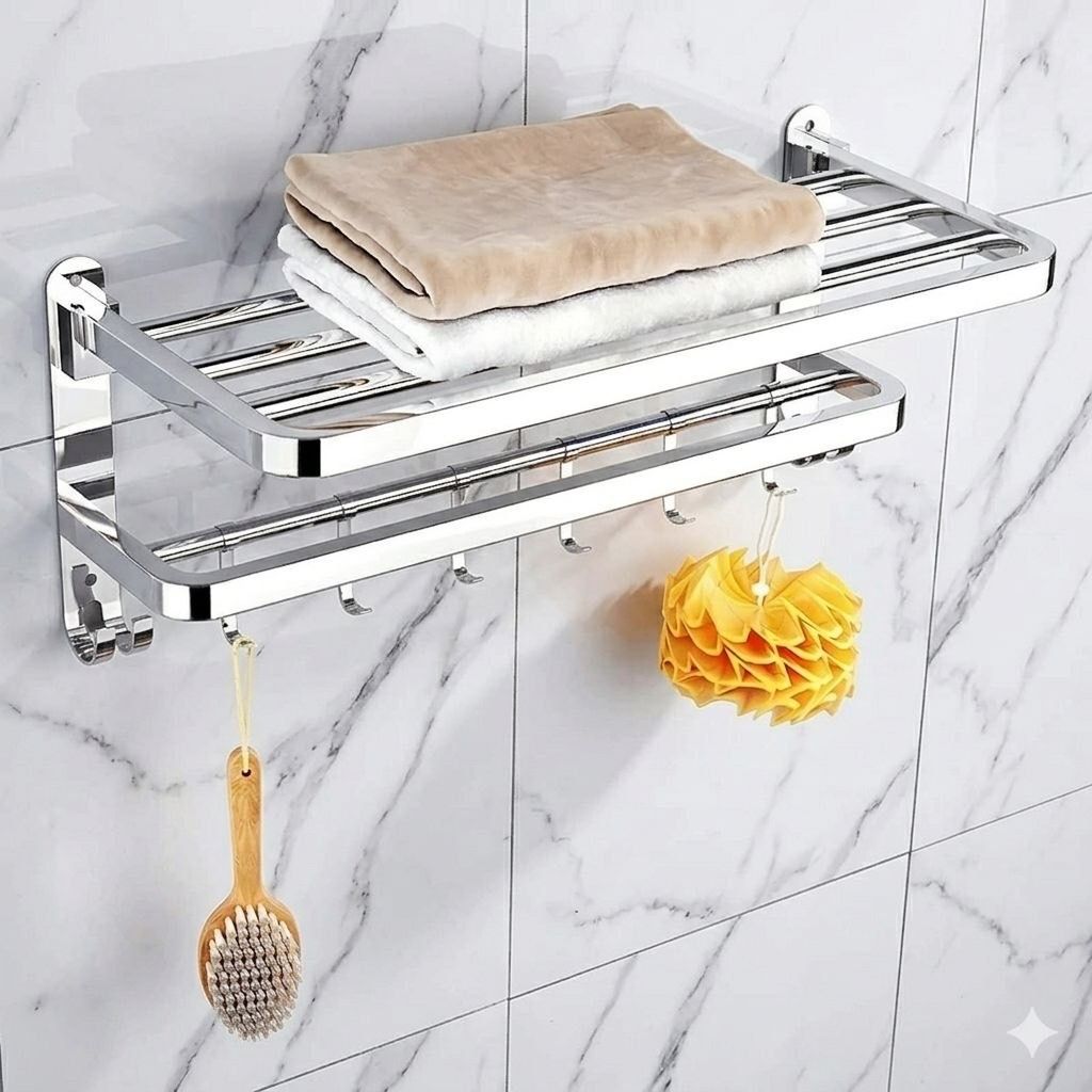 Bathroom Wall Mounted Towel Rack with Utility Hooks and Shelf 60 inch 2 Bar Towel Rod-image-39