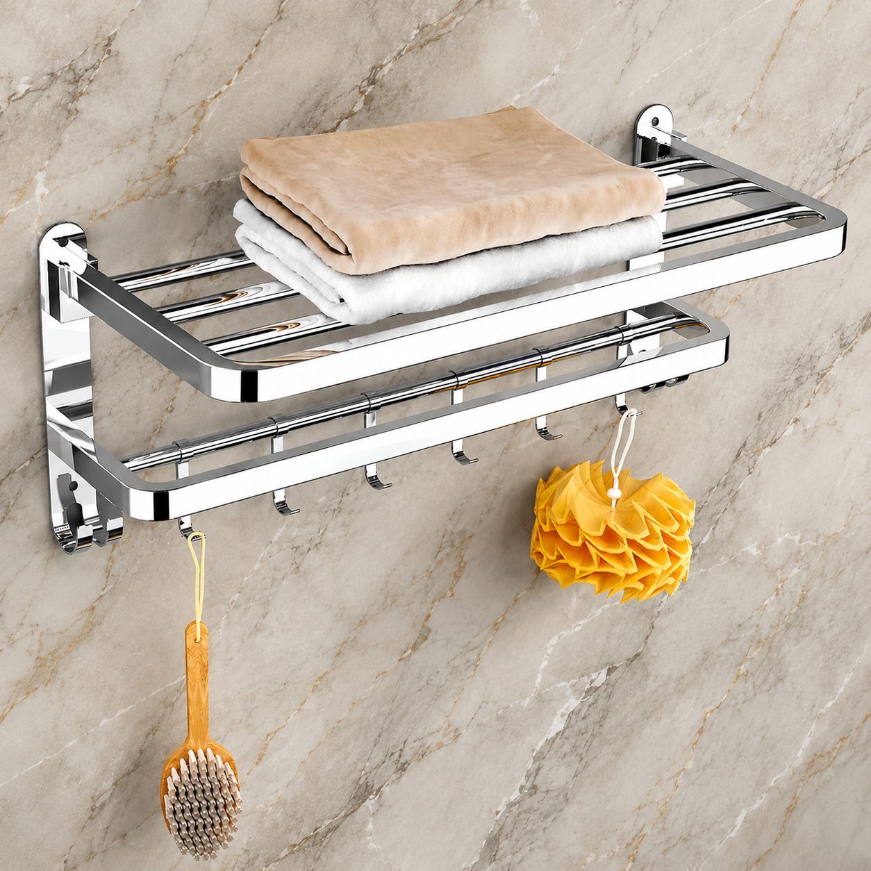 Stainless Steel Bathroom Storage Shelf with Towel Holder Bar 60 inch 2 Bar Towel Rod-image-3