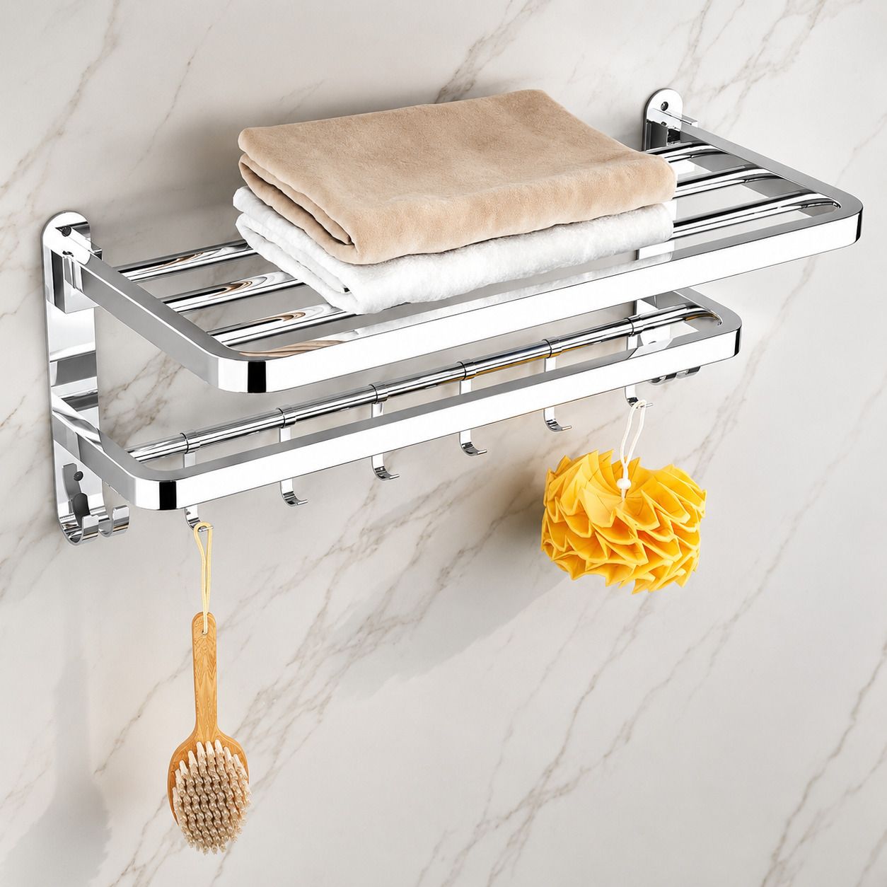 Premium Chrome Bathroom Shelf Rack with Utility Hooks 60 inch 2 Bar Towel Rod-image-1