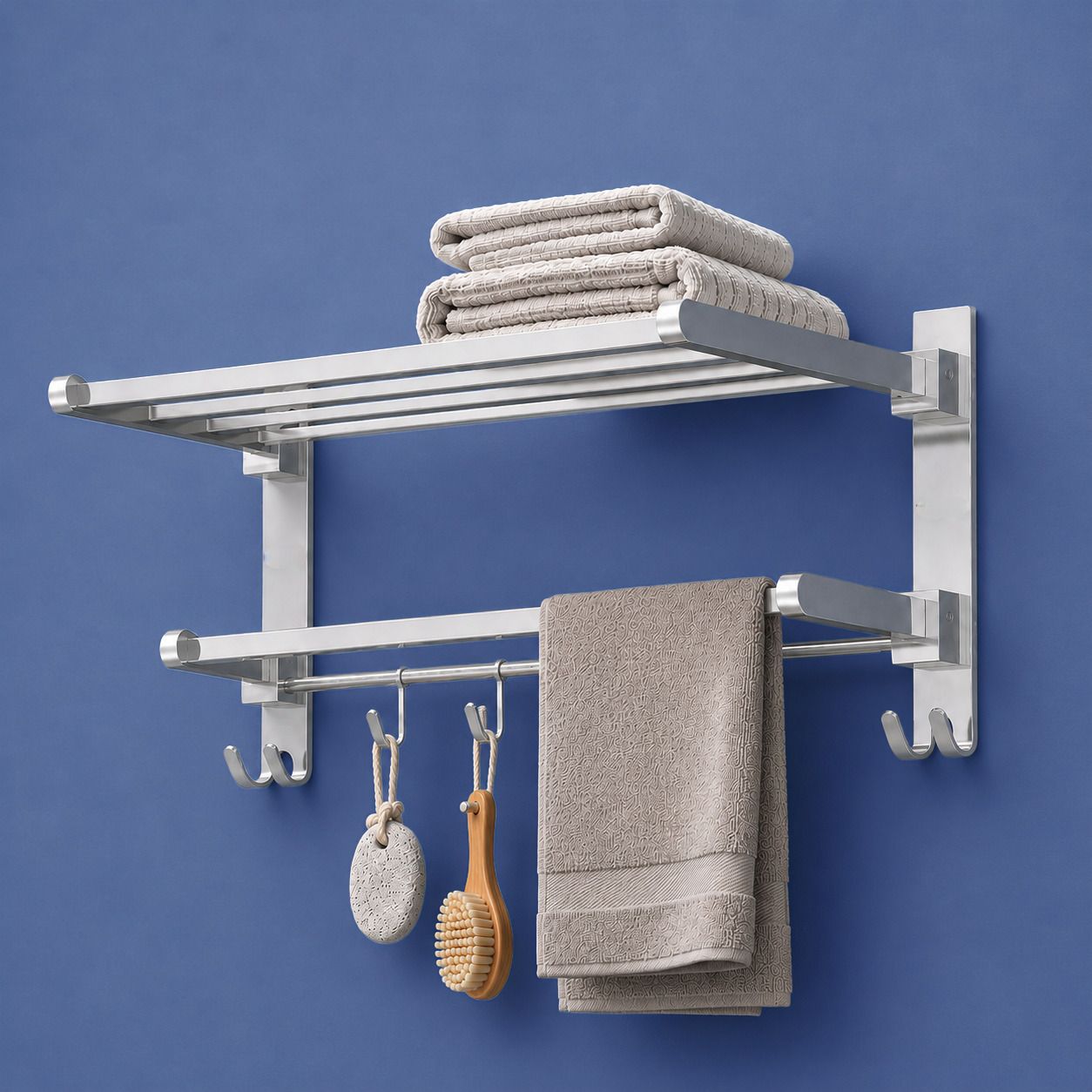 Premium 2 Tier Bathroom Shelf Rack – Foldable Stainless Steel Towel Holder | 18 inch 1 Bar Towel Rod-image-35