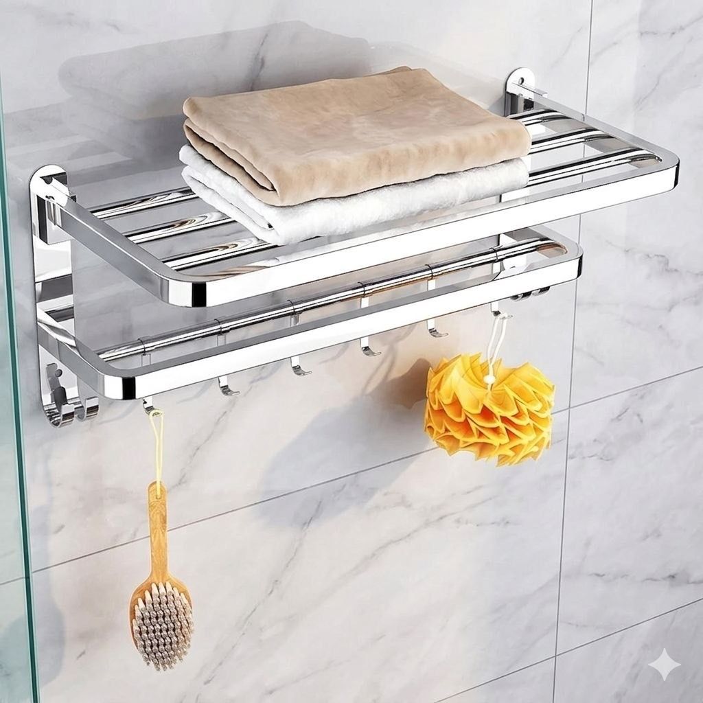 forsquare hardware products Bathroom Storage Shelf Rack with Towel Rod and Utility Hooks 60 inch 2 Bar Towel Rod-picture-17
