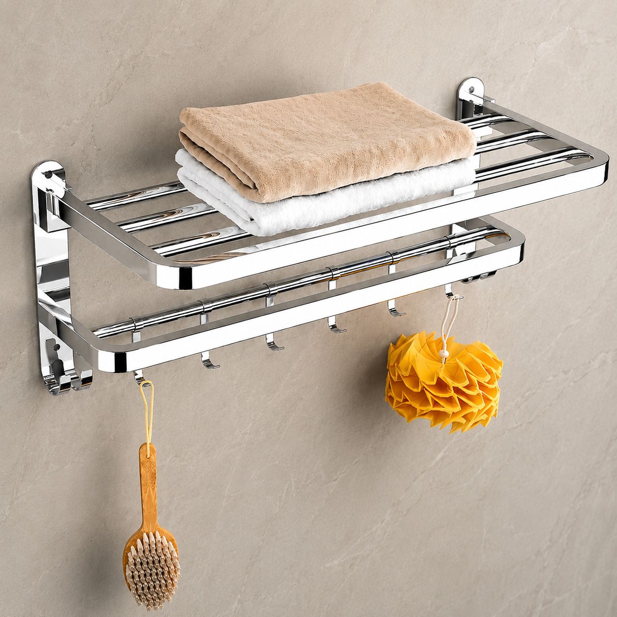 forsquare hardware products Foldable Towel Holder Rack for Bathroom with Shelf Storage 60 inch 2 Bar Towel Rod-picture-32