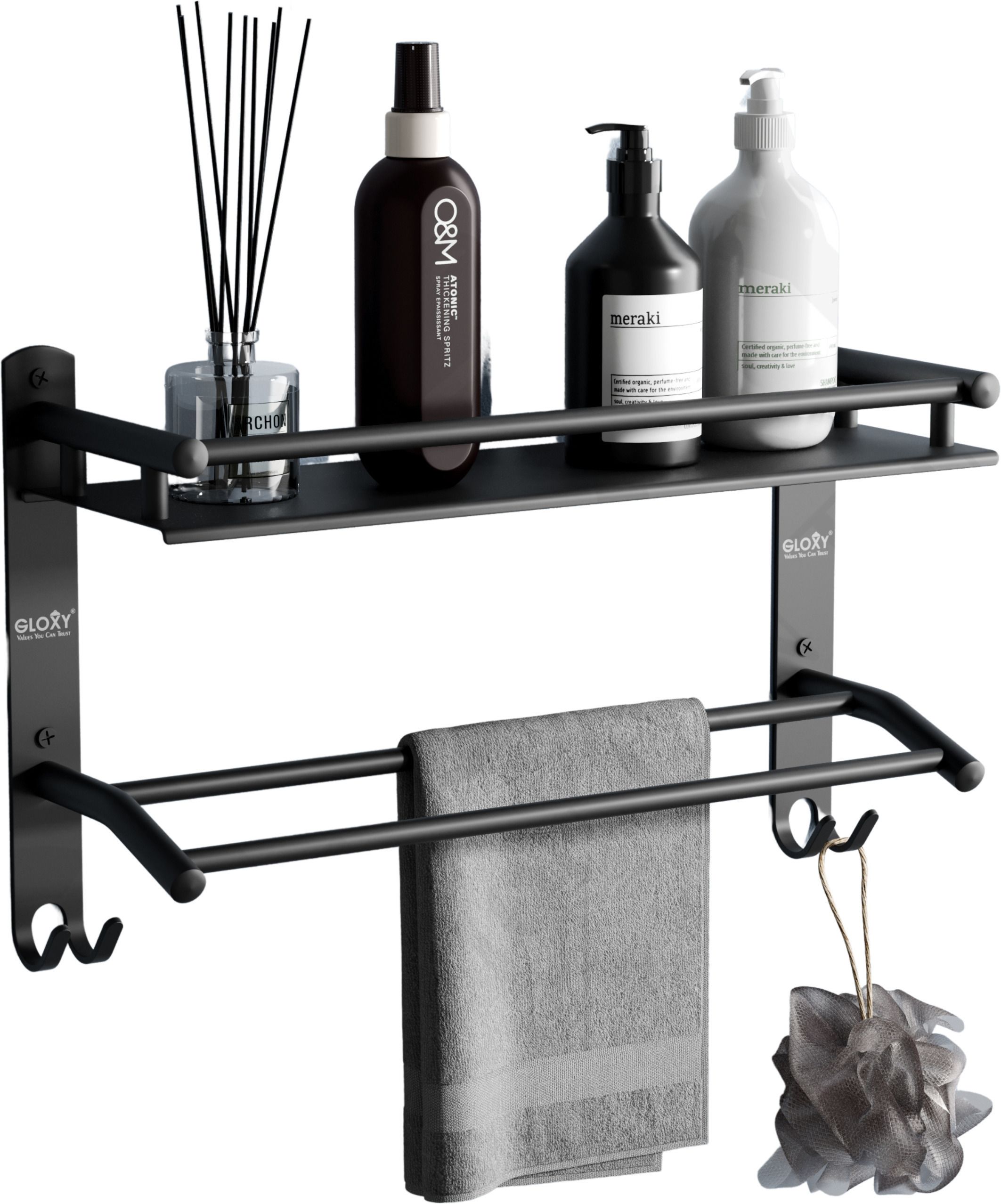 Wall Mount Single Layer Shelf Rack with Towel Rod for Bathroom Shelf Organizer 15 inch 2 Bar Towel Rod-image-19