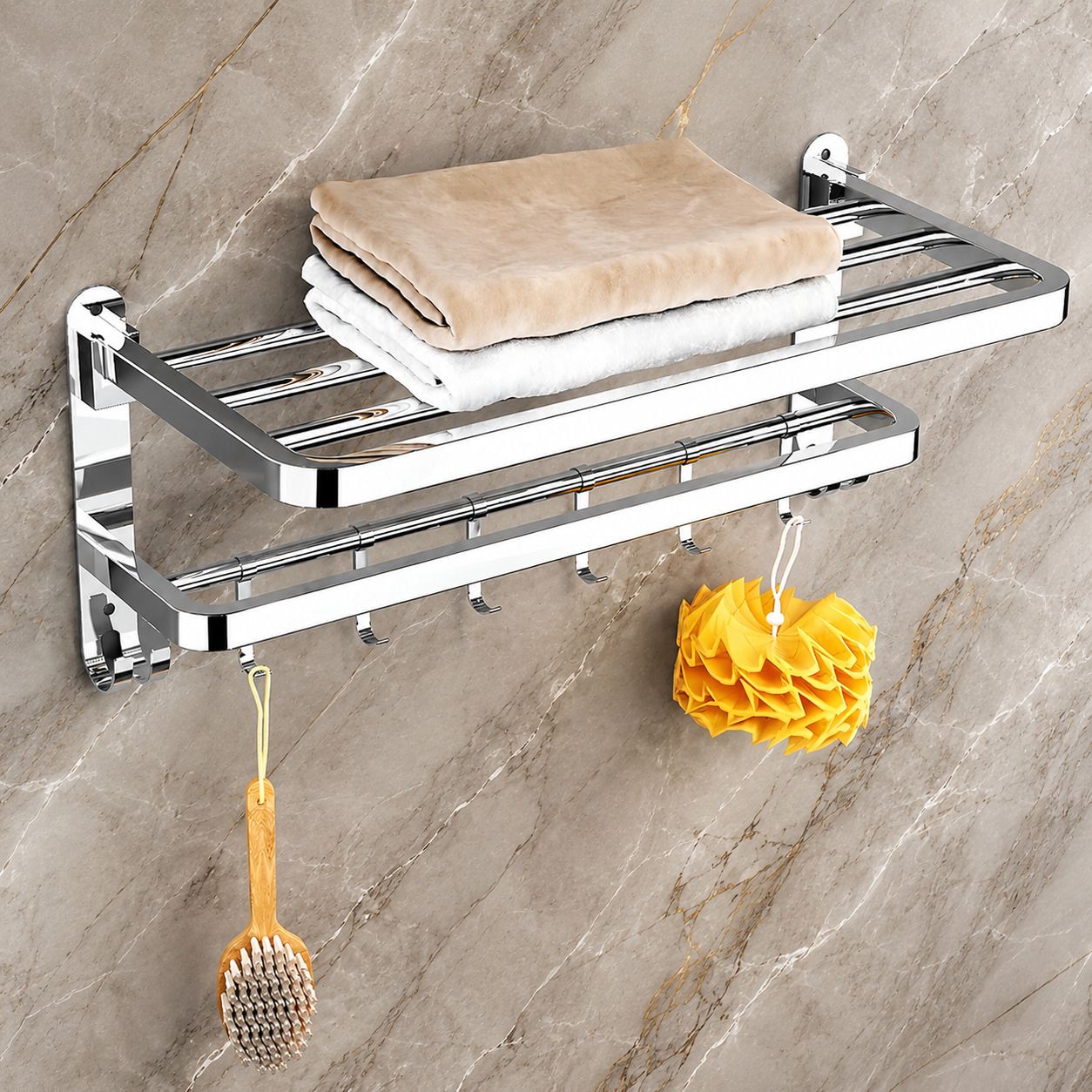 Rust Free Bathroom Towel Rack with Shelf and Utility Hooks 60 inch 2 Bar Towel Rod-image-47