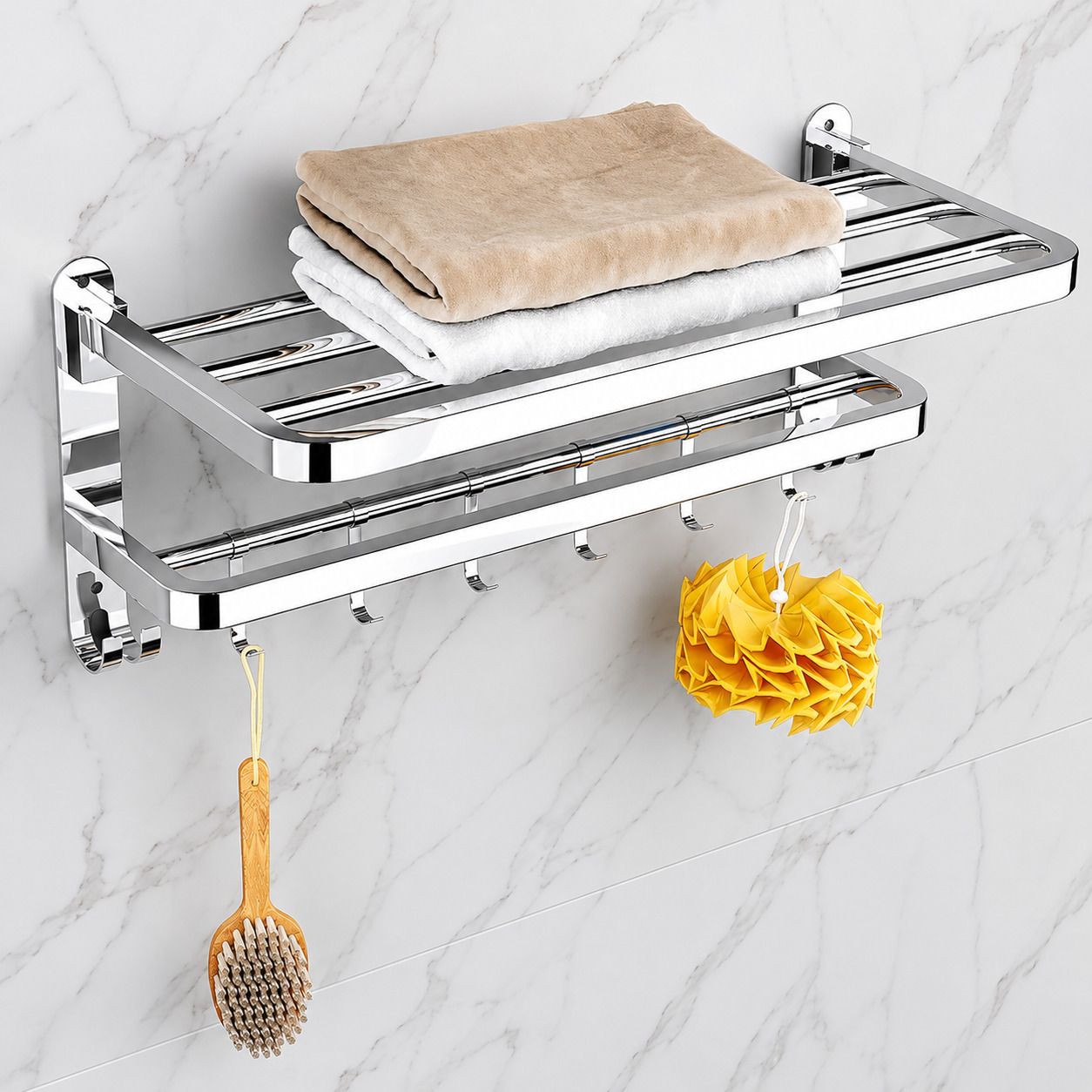 Bathroom Storage Rack with Towel Bar and Hooks 60 inch 2 Bar Towel Rod-image-0