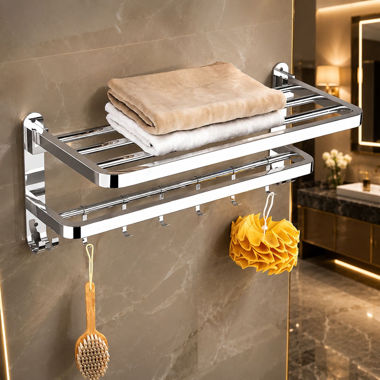 forsquare hardware products Bathroom Towel Holder Shelf Rack with Multipurpose Hooks 60 inch 2 Bar Towel Rod-picture-36