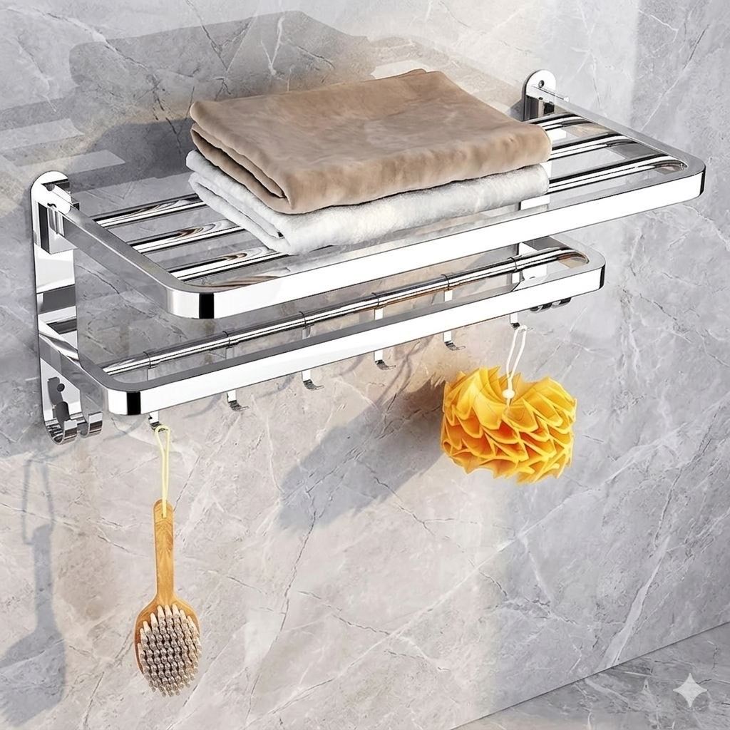 Bathroom Storage Shelf Organizer with Towel Rack and Hooks 60 inch 2 Bar Towel Rod-image-35