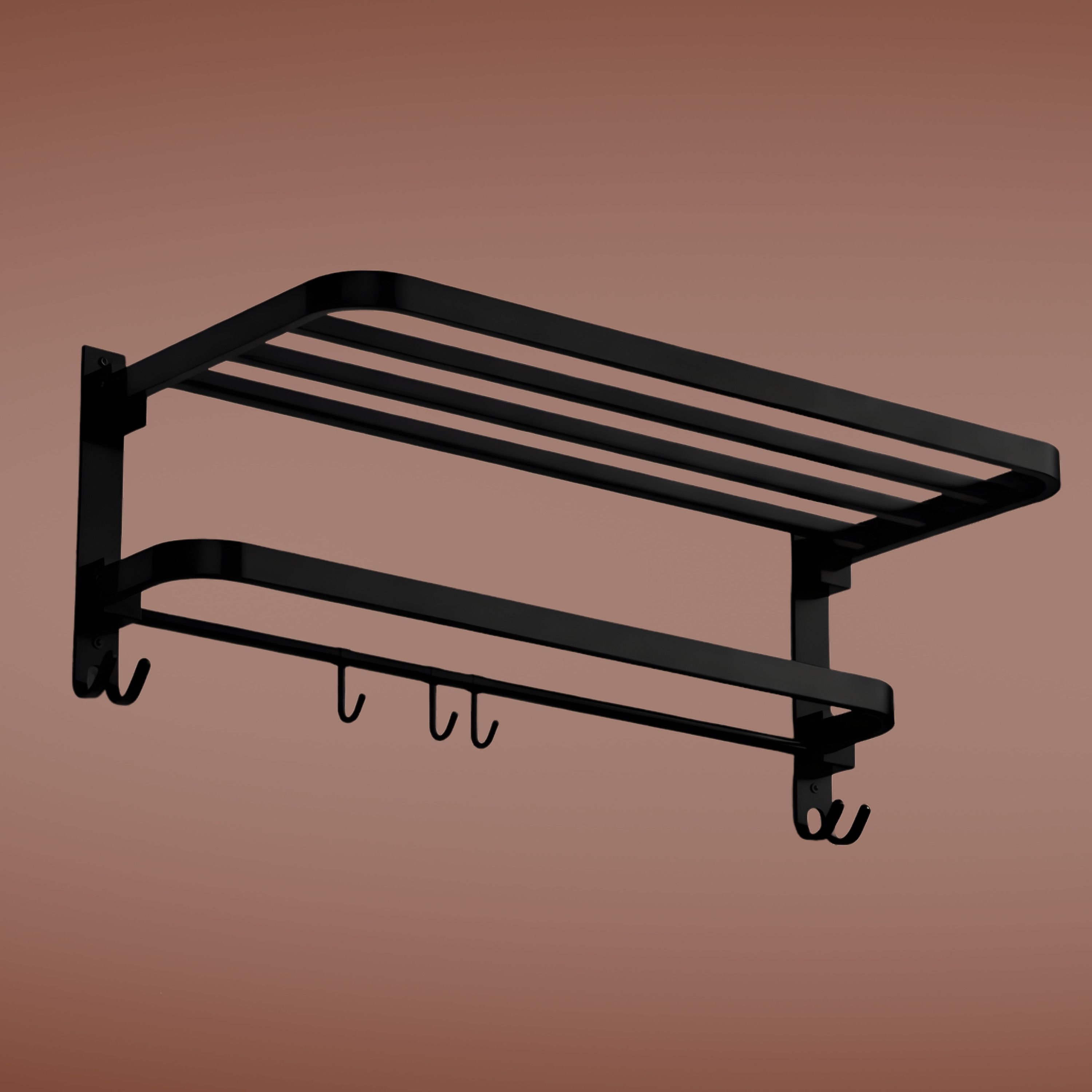 ferio Folding Towel Rack with Hooks | Wall Mounted Bathroom Shelf | Space Saving 18 inch 2 Bar Towel Rod-picture-31