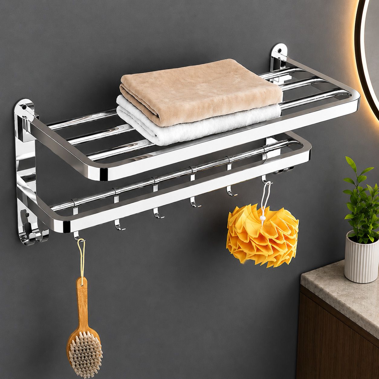 forsquare hardware products Bathroom Shelf Rack with Utility Hooks and Towel Storage 60 inch 2 Bar Towel Rod-picture-16