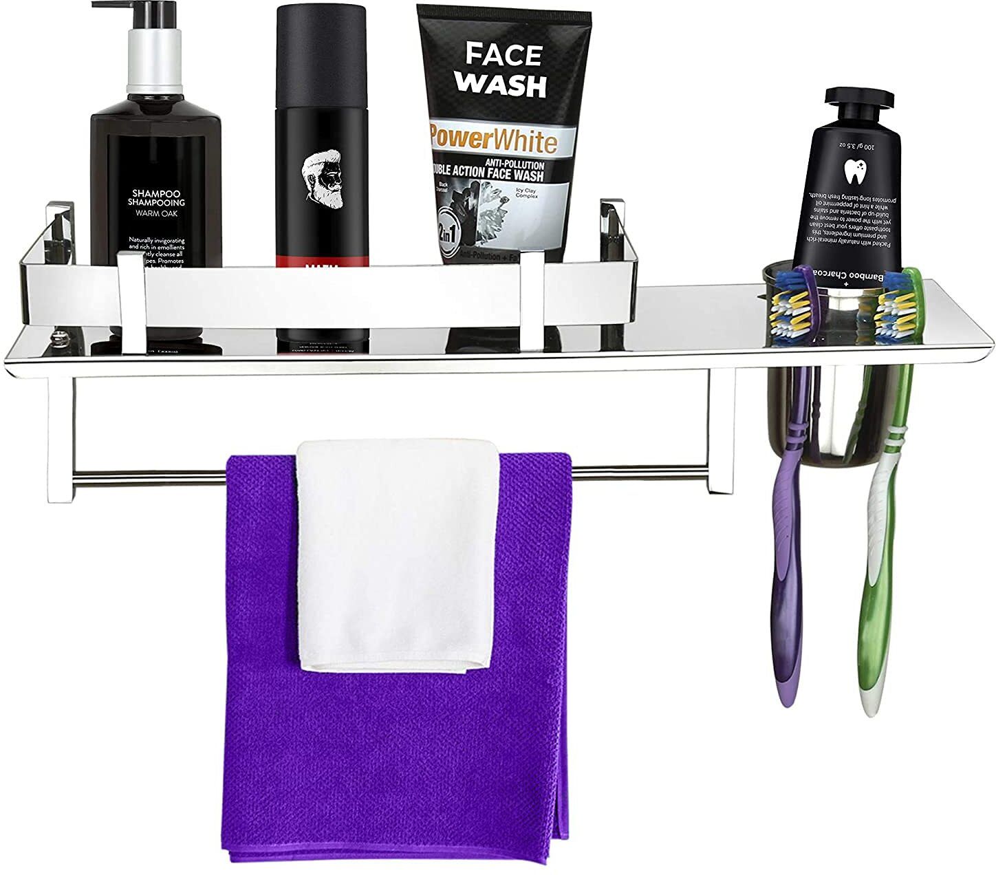 Stainless Steel 3 in 1 Bathroom Shelf Rack/Towel Hanger/Tumbler Holder 15 inch 1 Bar Towel Rod-image-22