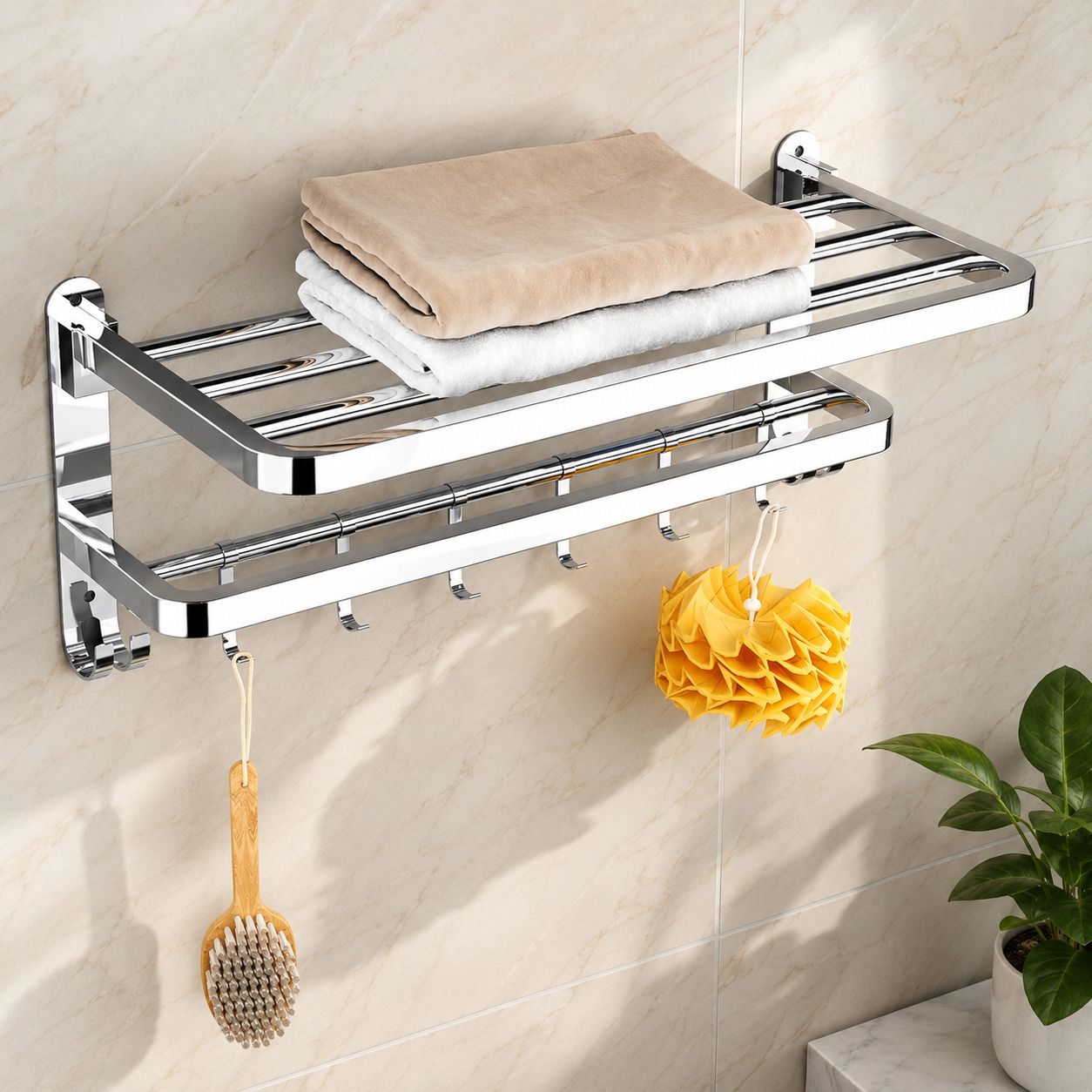 Bathroom Shelf Organizer Rack with Towel Storage Hooks 60 inch 2 Bar Towel Rod-image-35
