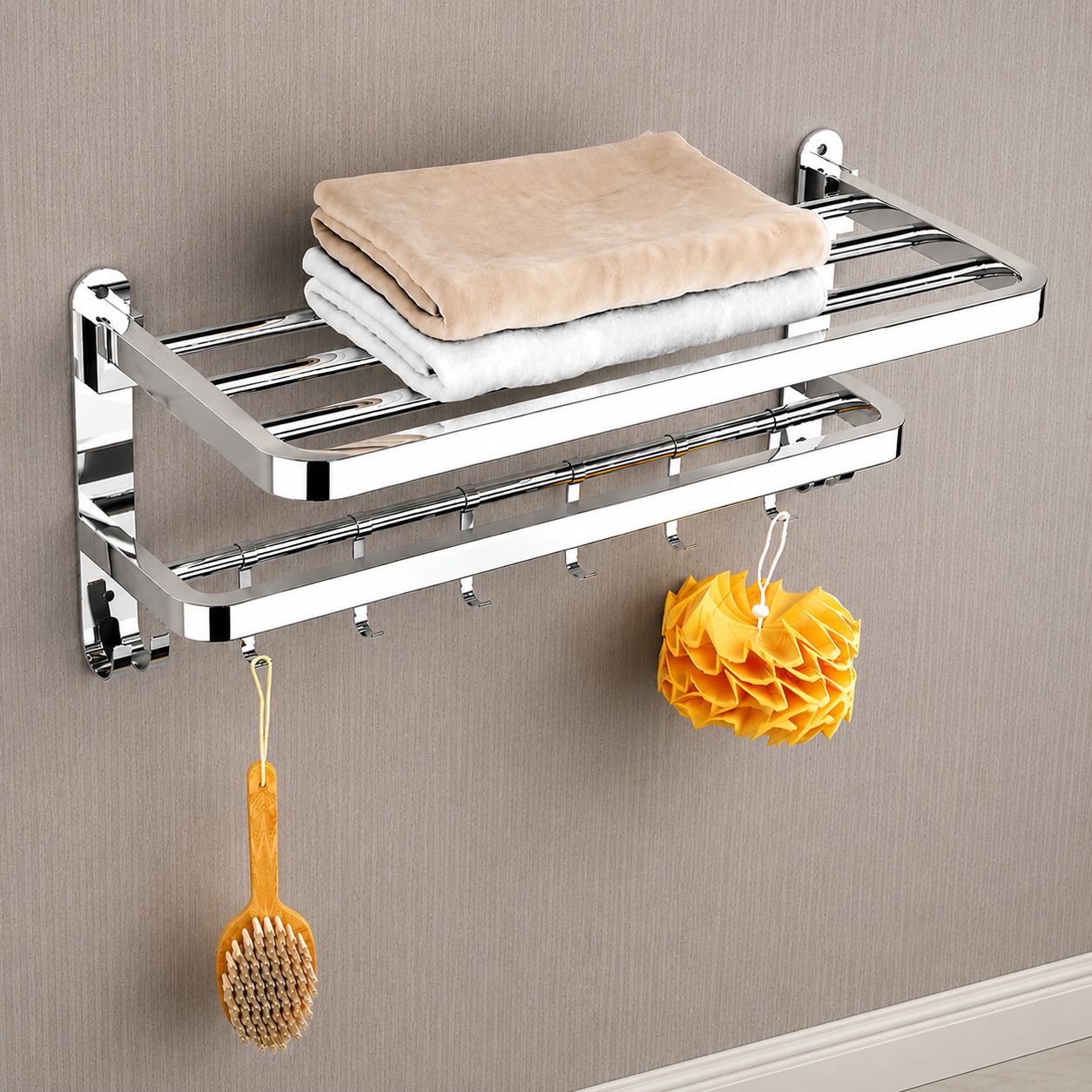 forsquare hardware products Stainless Steel Bathroom Utility Organizer Rack with Shelf 60 inch 2 Bar Towel Rod-picture-39
