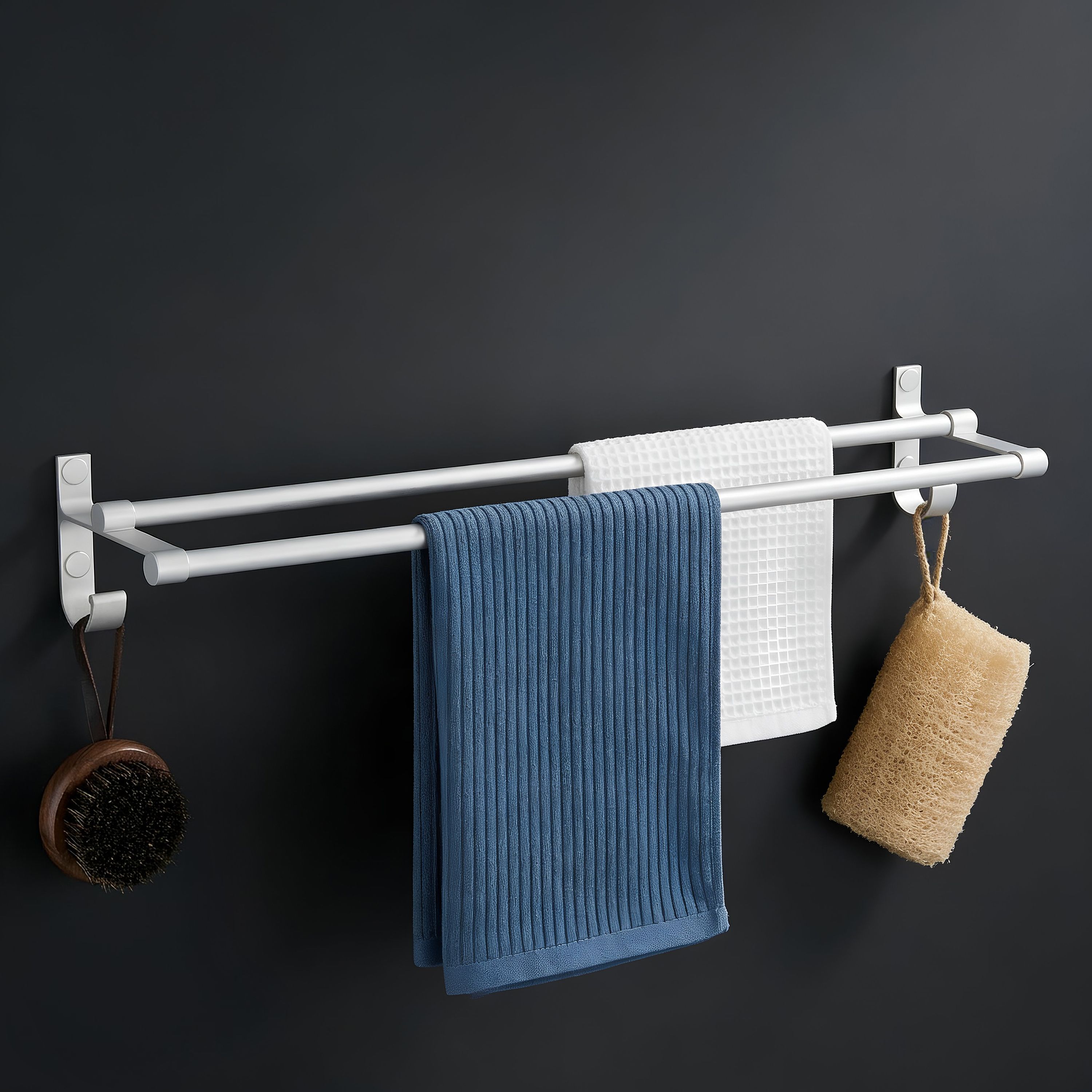 Space Towel Hanger/Dual Towel Rod with Hooks/Towel Holder 24 inch 1 Bar Towel Rod-image-17