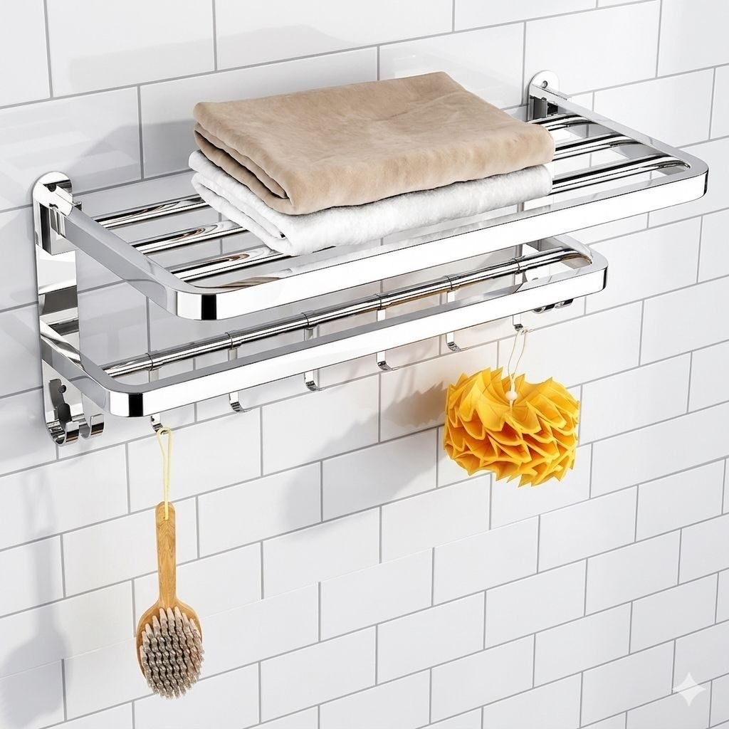 forsquare hardware products Premium Bathroom Utility Shelf Rack with Towel Storage 60 inch 2 Bar Towel Rod-picture-25