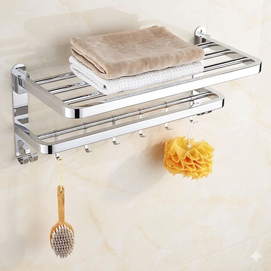 Bathroom Towel Shelf Holder Rack with Multipurpose Hook Bar 60 inch 2 Bar Towel Rod-image-44