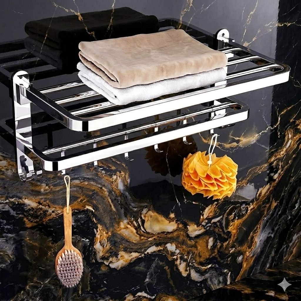 forsquare hardware products Stainless Steel Bathroom Storage Organizer Rack with Shelf 60 inch 2 Bar Towel Rod-picture-22