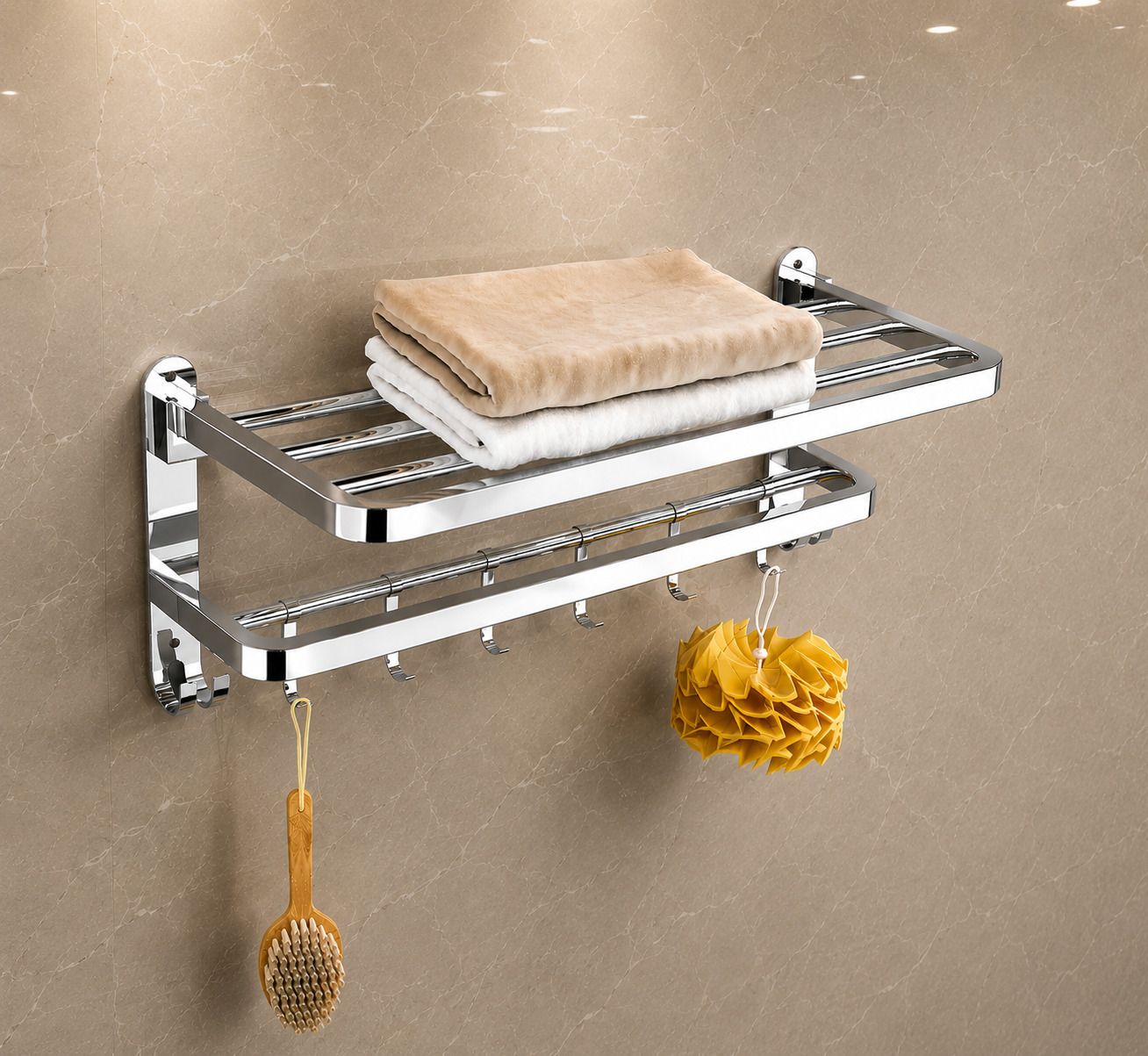 Premium Bathroom Storage Rack with Stainless Steel Shelf Unit 60 inch 2 Bar Towel Rod-image-1