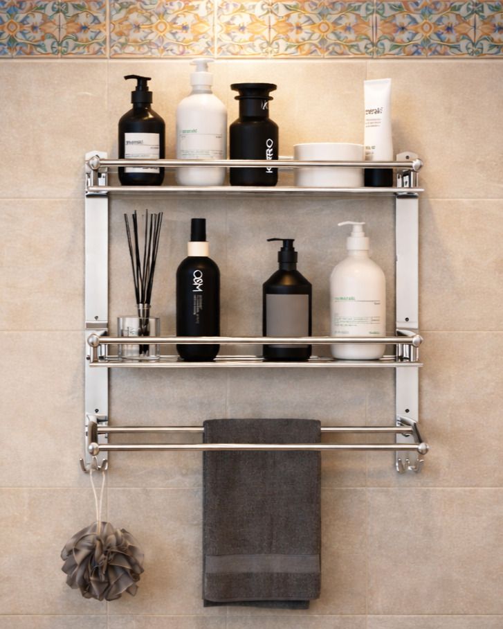 Heavy-Duty Bathroom Rack Shelf with Towel Rod & Hooks | Bathroom Accessories 16.5 inch 2 Bar Towel Rod-image-27