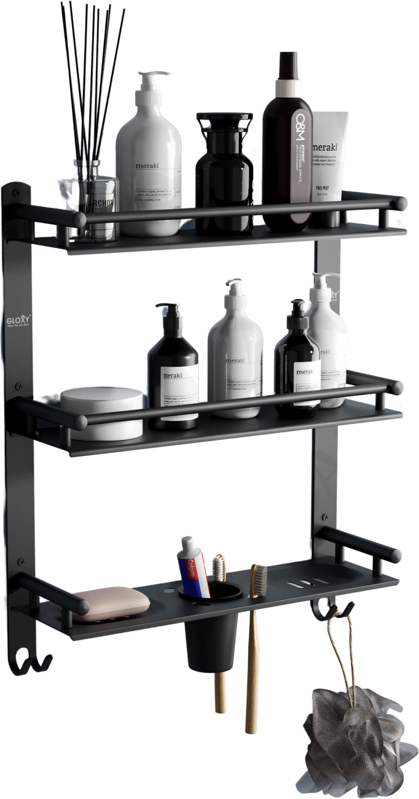 3 Layer Multipurpose Shelf with Double Soap Dish & Toothbrush/toothpaste holder 15 inch 3 Bar Towel Rod-image-9
