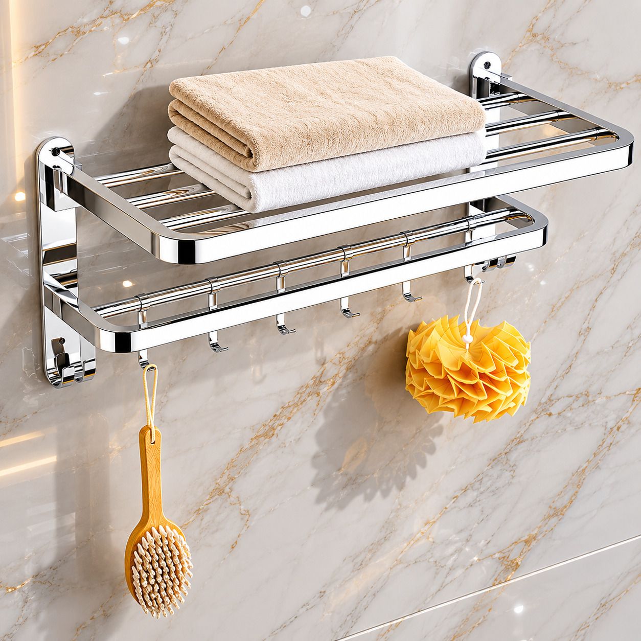 Foldable Bathroom Storage Rack with Hook Hanger Design 60 inch 2 Bar Towel Rod-image-44