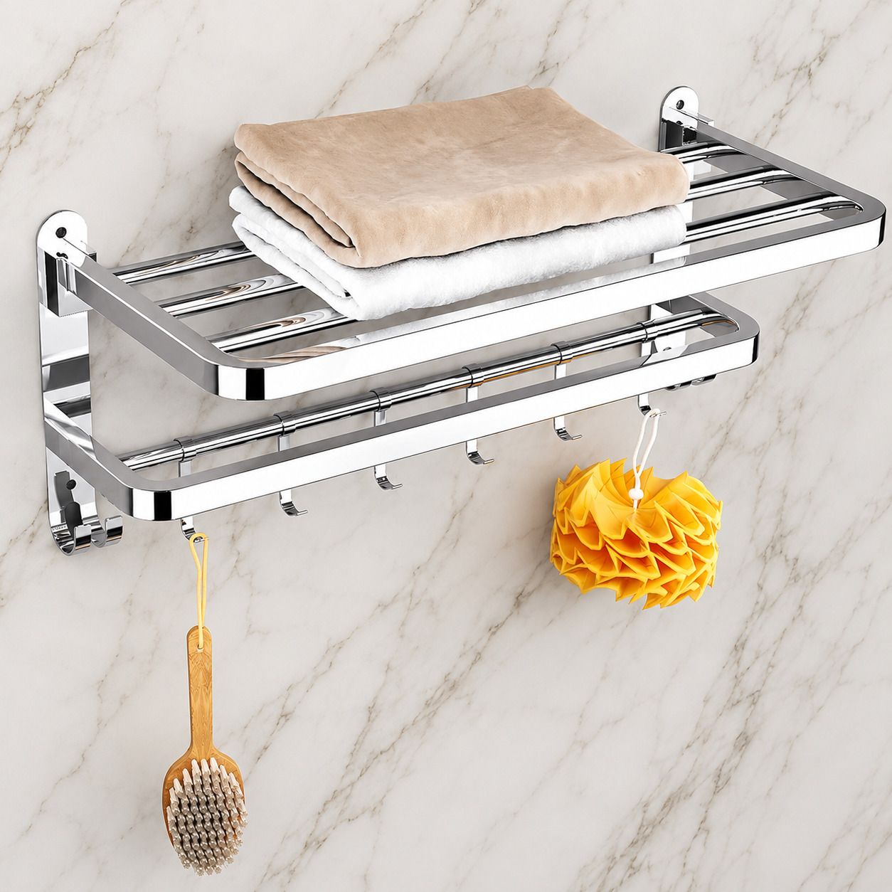 Chrome Bathroom Rack with Shelf Towel Rod and Utility Hooks 60 inch 2 Bar Towel Rod-image-23