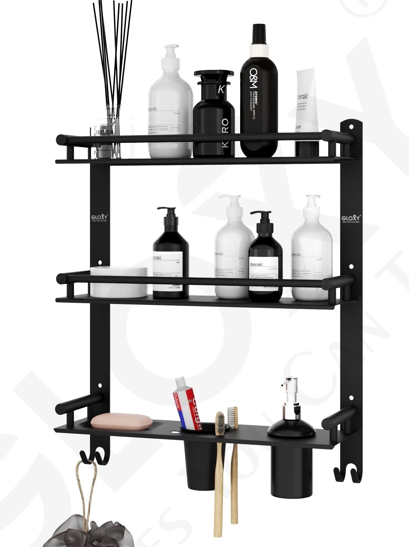 3 Layer Multipurpose Shelf/Rack with Dual Soap Dish/Toothbrush/Dispenser holder 15 inch 3 Bar Towel Rod-image-11