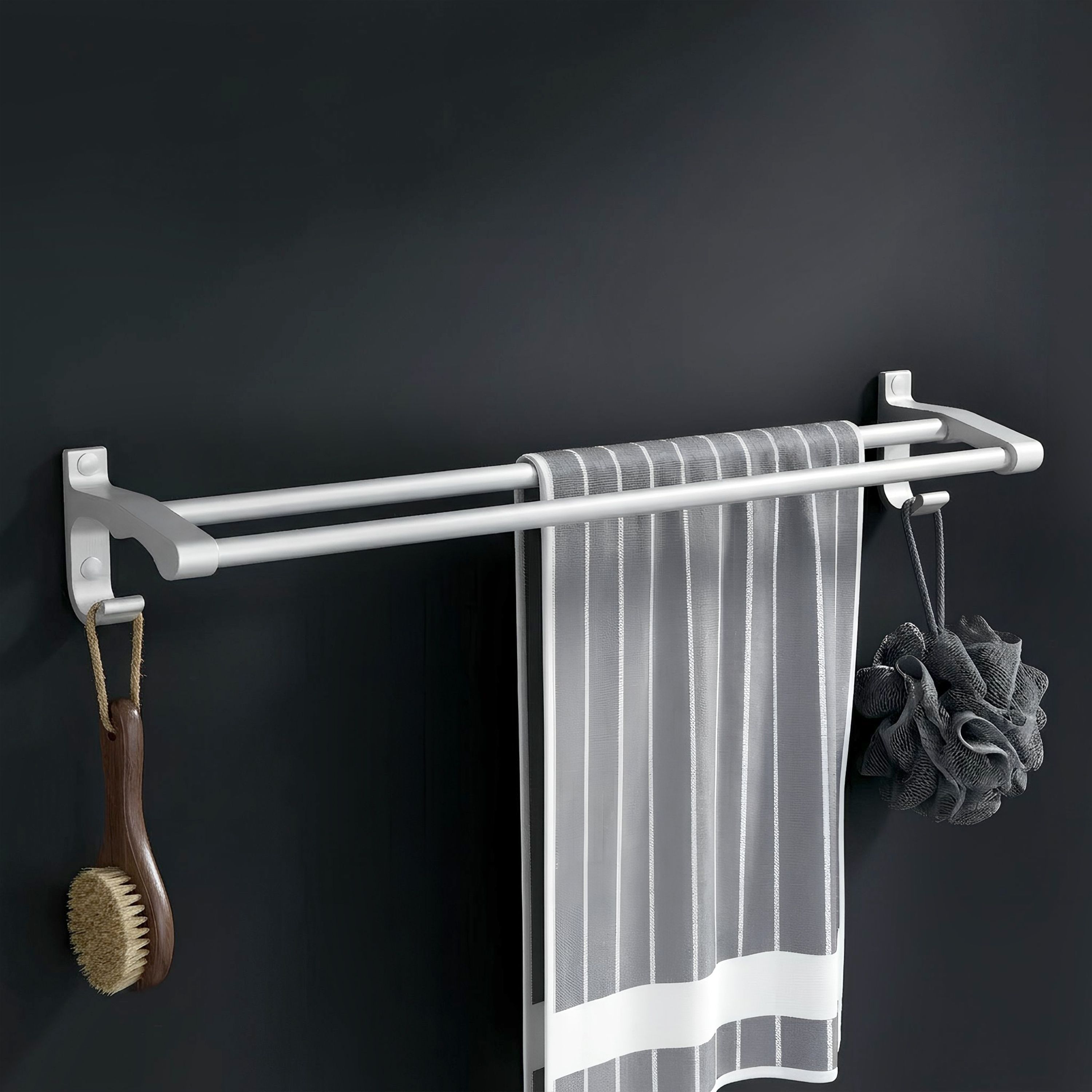 Dual Towel Rod for Bathroom/Towel Holder with Side Hooks 24 inch 1 Bar Towel Rod-image-16