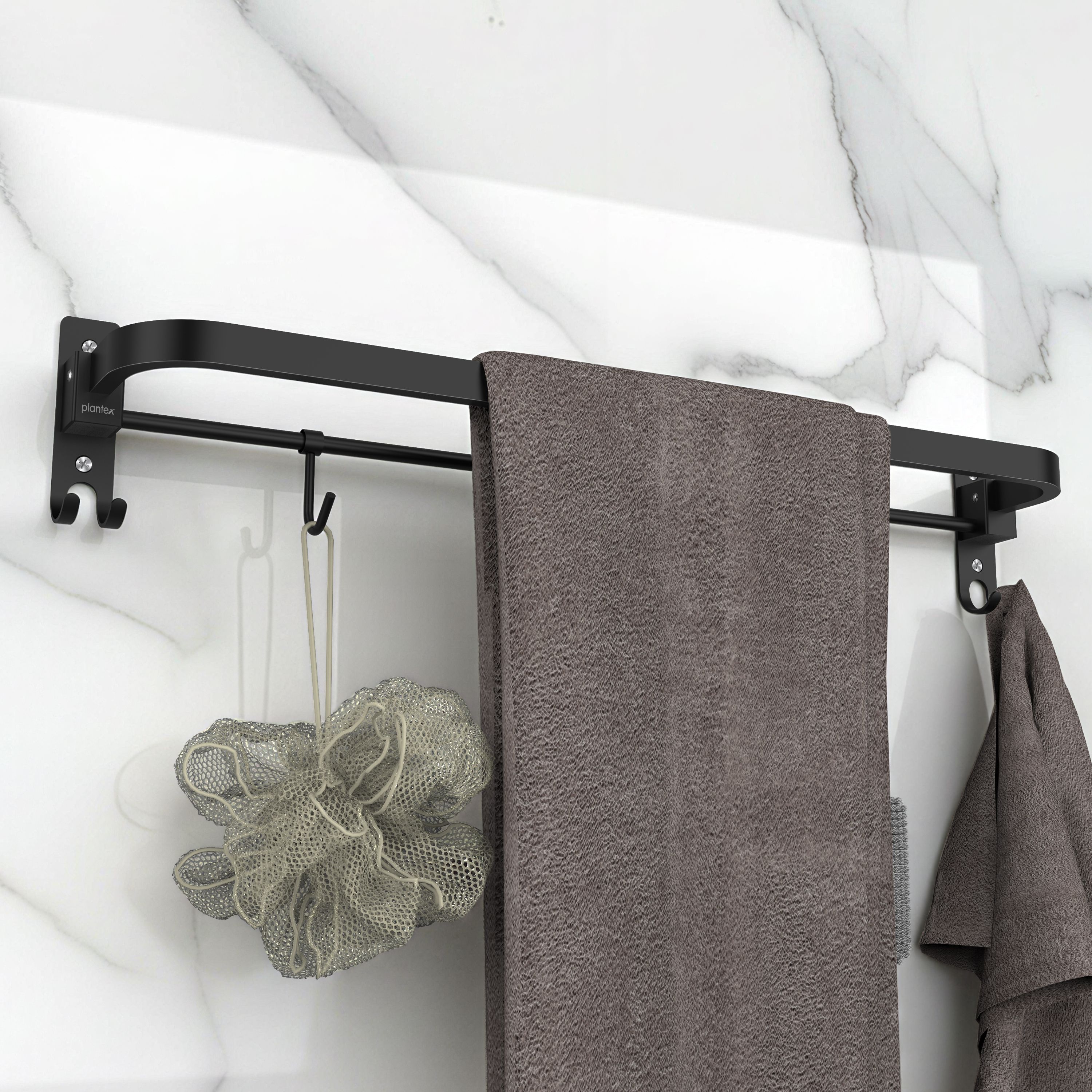 Towel Holder for Bathroom/Single Towel Rod with Hooks/Towel Hanger 24 inch 1 Bar Towel Rod-image-2