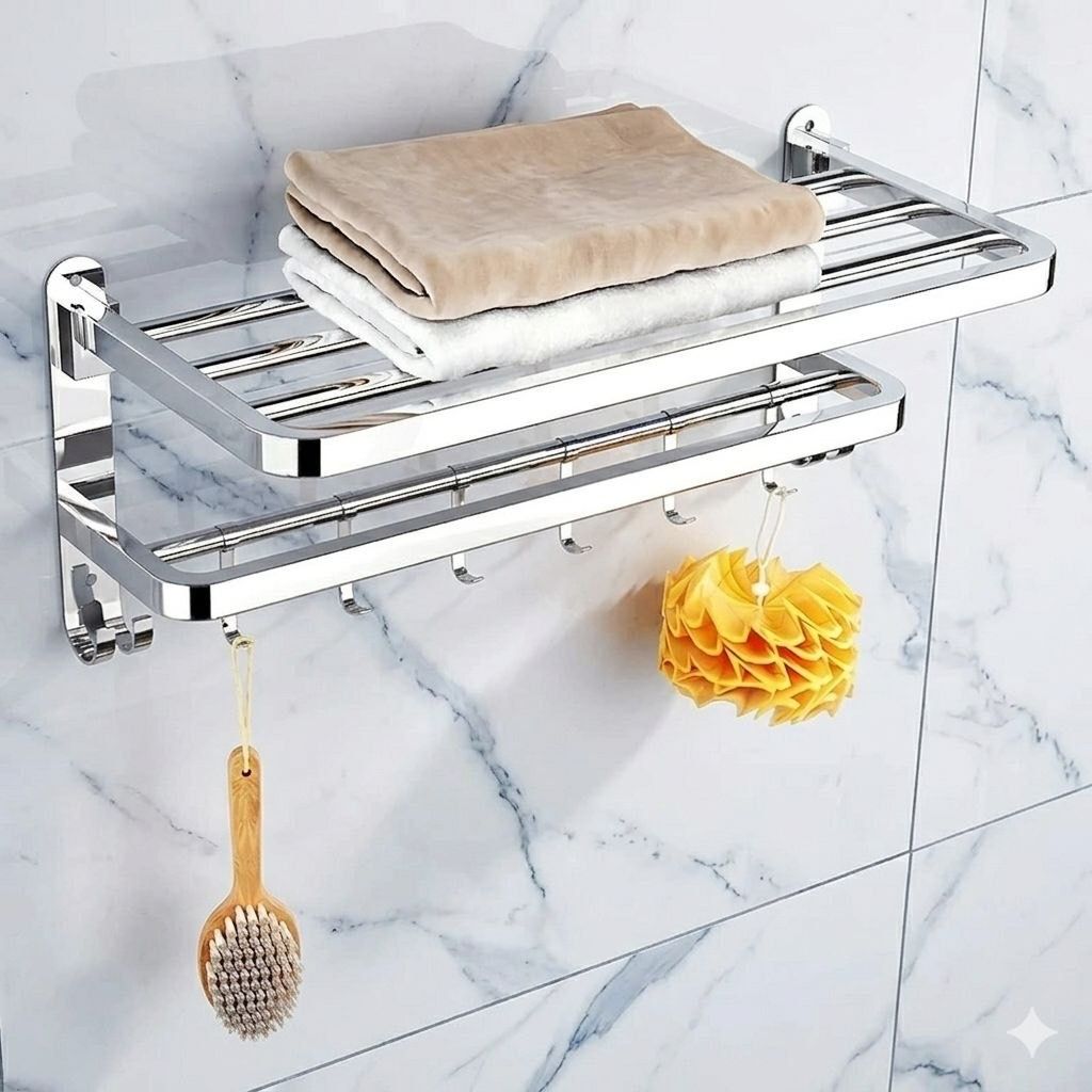 Bathroom Towel Shelf Rack with 5 Hooks 60 inch 2 Bar Towel Rod-image-46