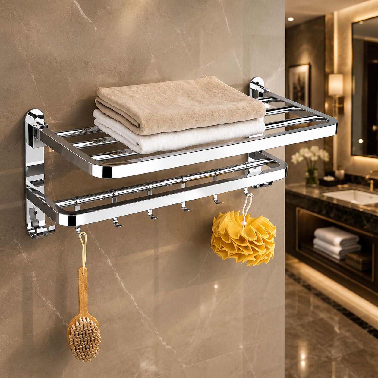 forsquare hardware products Premium Chrome Finish Towel Rack for Bathroom with Shelf Bar and Utility Hooks 60 inch 2 Bar Towel Rod-picture-42