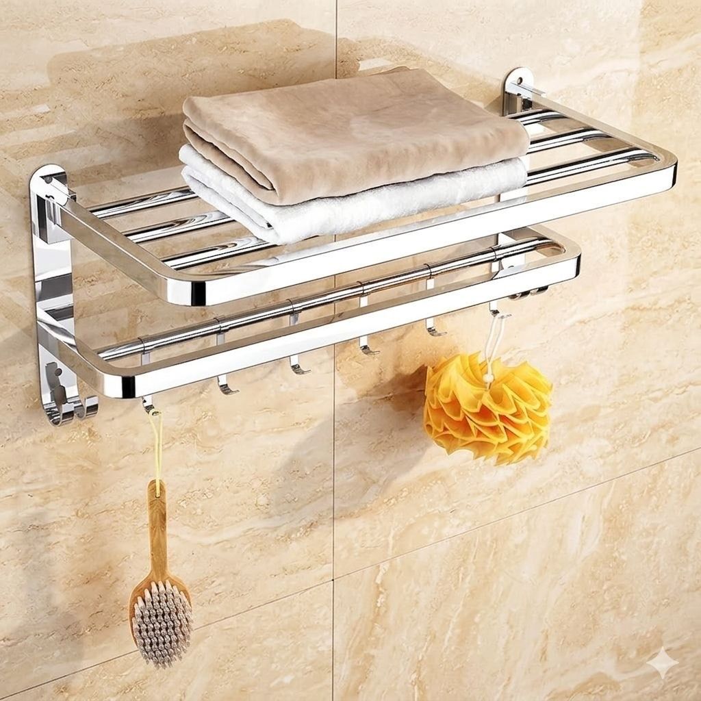 forsquare hardware products Chrome Finish Bathroom Rack with Towel Holder and Hooks 60 inch 2 Bar Towel Rod-picture-33