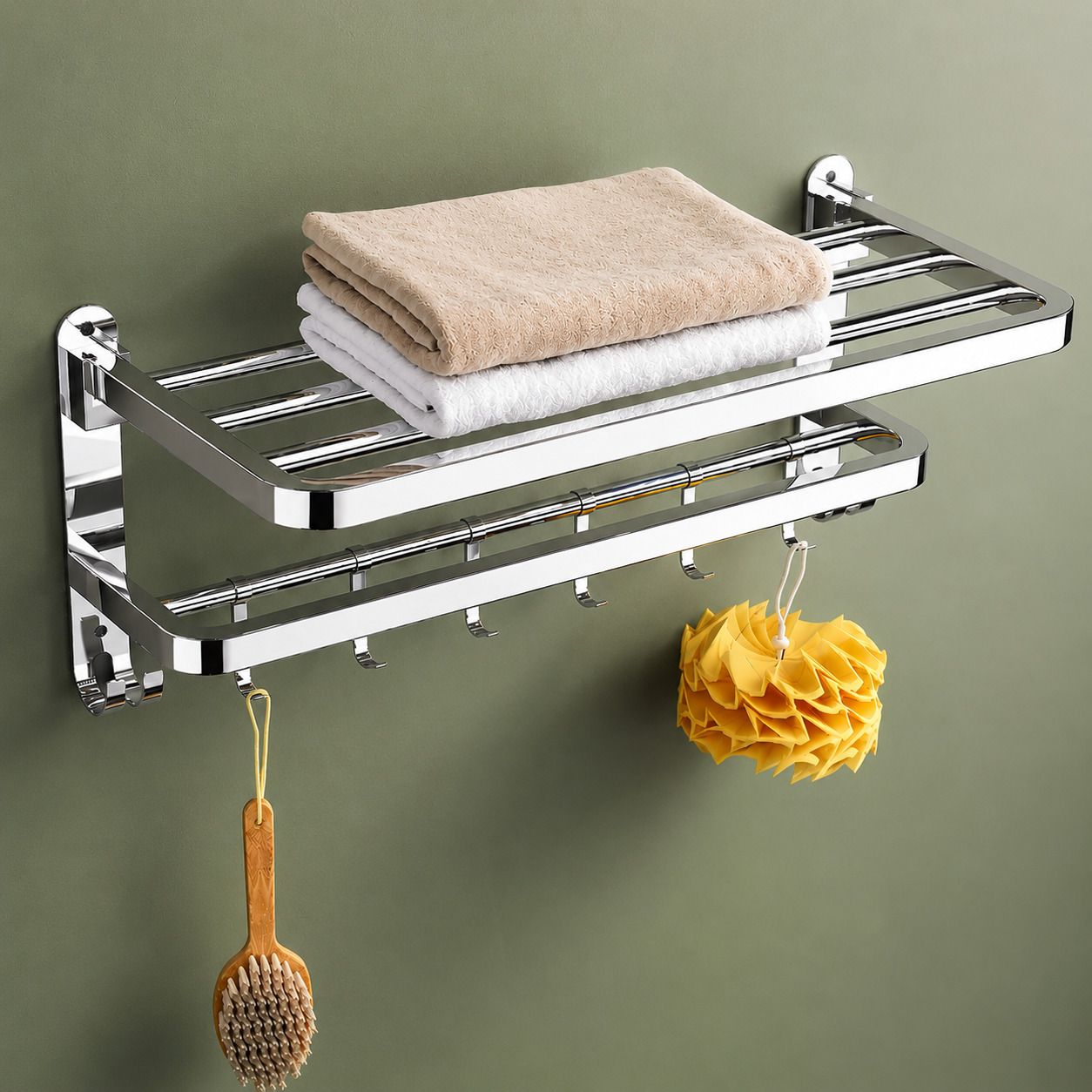 Bathroom Towel Storage Rack with Utility Shelf Hooks 60 inch 2 Bar Towel Rod-image-24
