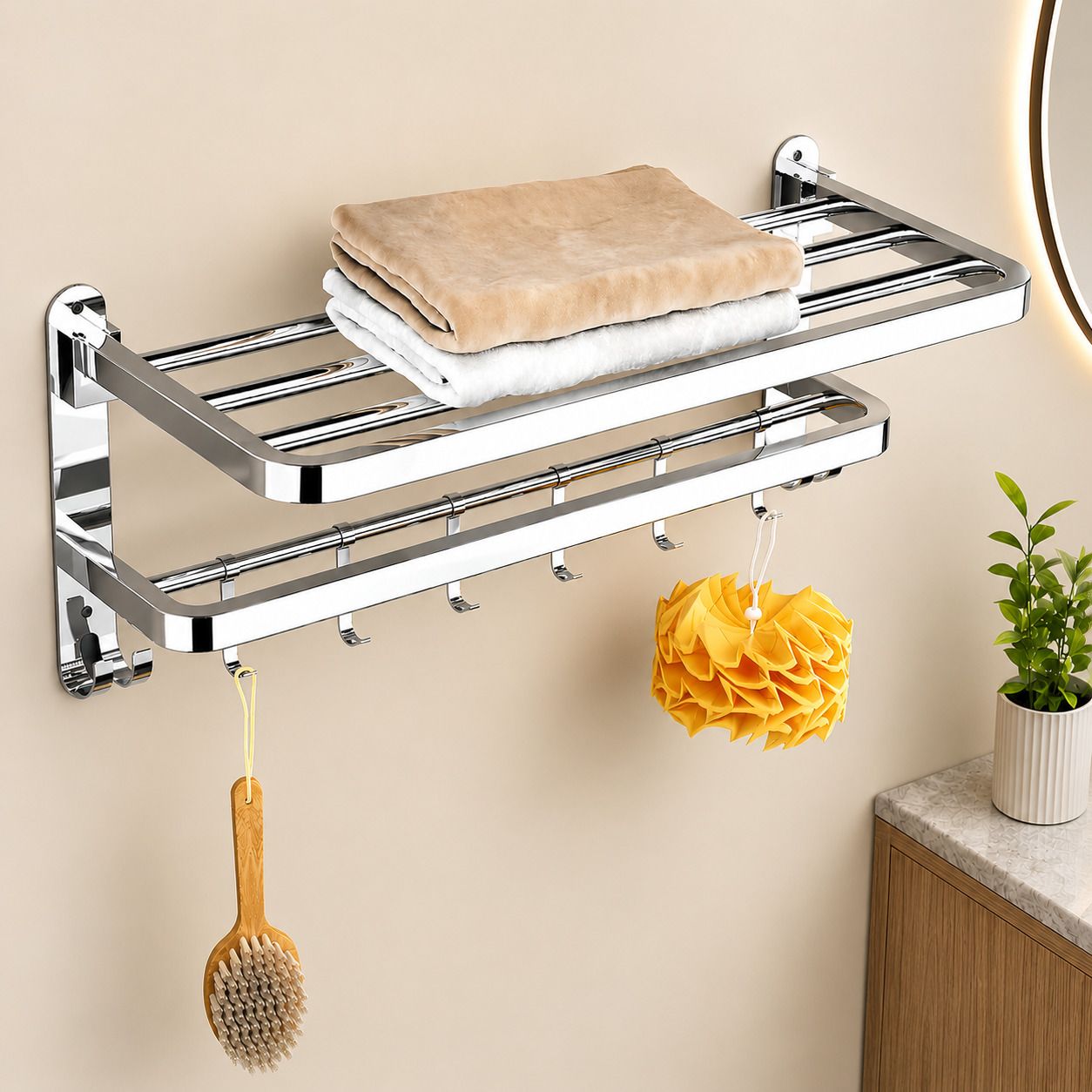 forsquare hardware products Wall Mounted Bathroom Utility Rack with Towel Hanging Hooks 60 inch 2 Bar Towel Rod-picture-48