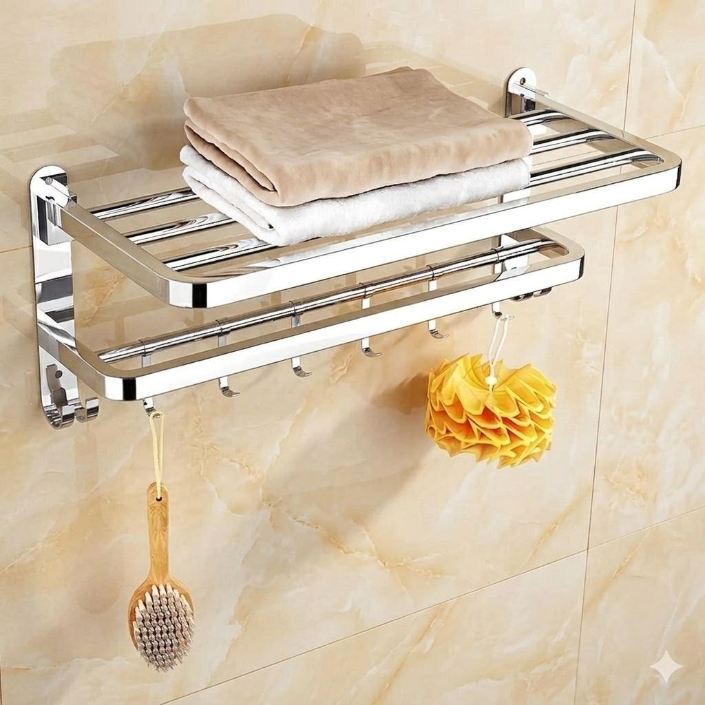 forsquare hardware products Premium Bathroom Towel Rack with Shelf and 6 Hooks Stainless Steel 60 inch 2 Bar Towel Rod-picture-25