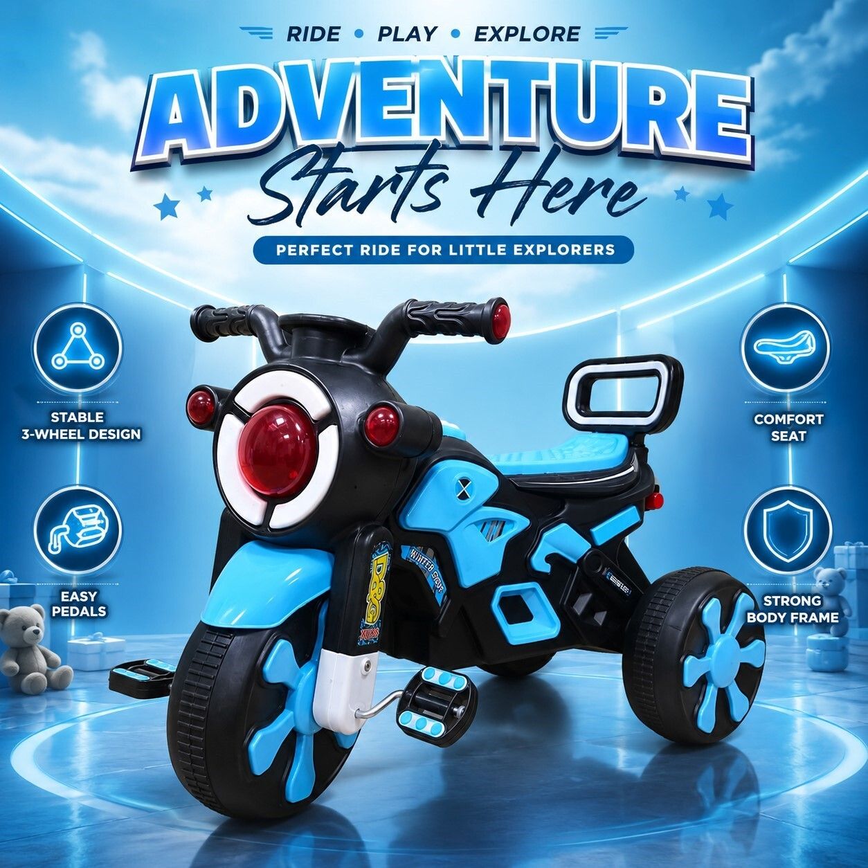 duggi muggi Thor Rider Ride-on Trike for Kids with Musical Horn and Lights SEFTY HUNTER BIKE PVC BODY WITH COMBINATION Tricycle-picture-38
