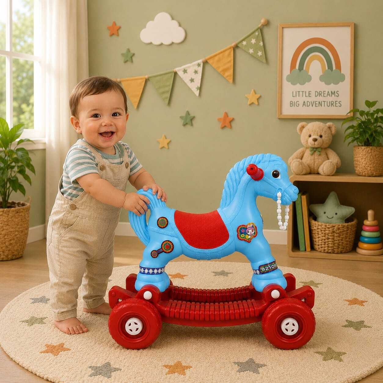 Toddler Rocking Horse with Wheels Non Battery Ride On Toy Chetak Tricycle-image-0