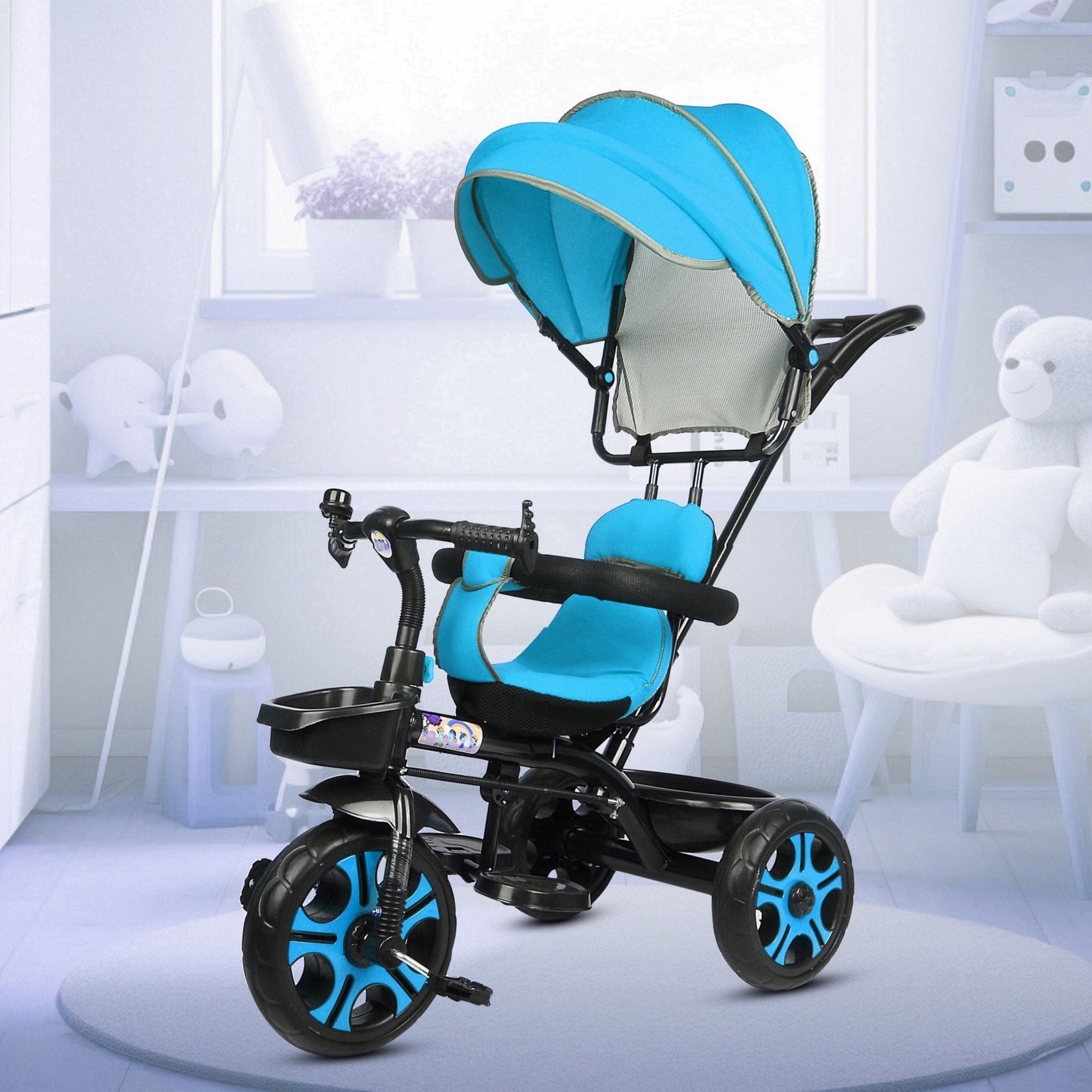 dugri Best Canopy Tricycle with Soft Seat,Front-Back Basket,Parental Push Handle,Bell Baby Canopy Tricycle for Babys with New Colours Yellow::Black Tricycle-picture-7