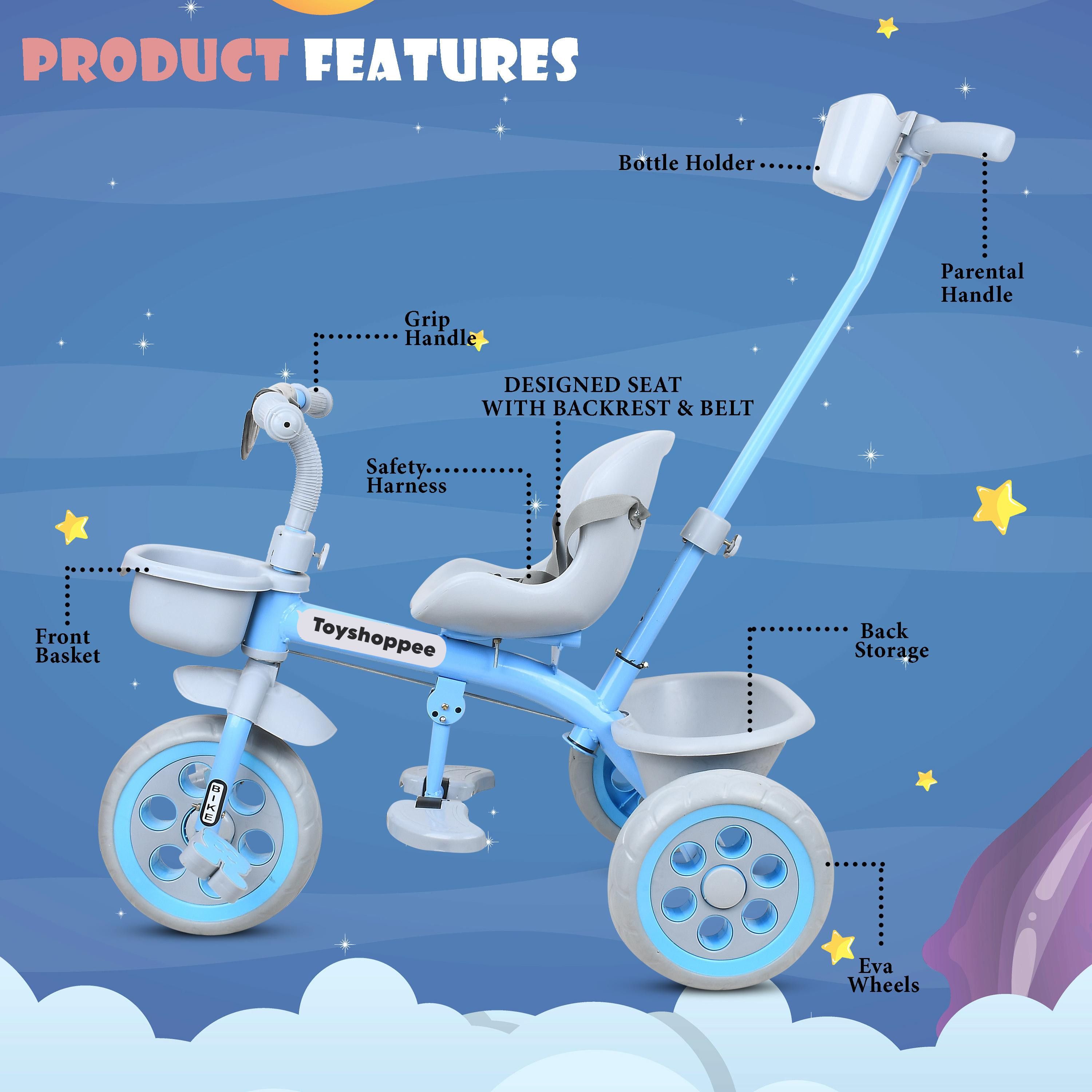 Sturdy Tricycle with Parental Push Handle,Leather Cushioned Seat, Stylish storage basket,Anti Slip peddles & Protective Arm Rest for 1-5 Year Kids Tricycle-image-46