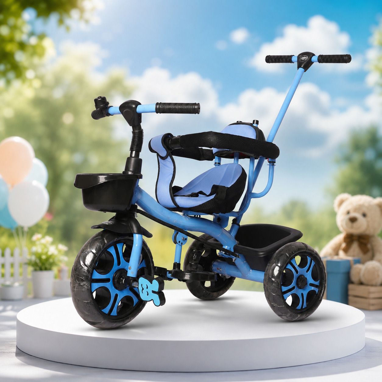 Kids Tricycle with Parent Push Handle for Toddlers, Baby Trike with Safety Guard Rail, Comfortable Cushioned Seat, Storage Basket & Footrest, Ride-On Cycle Tricycle-image-21