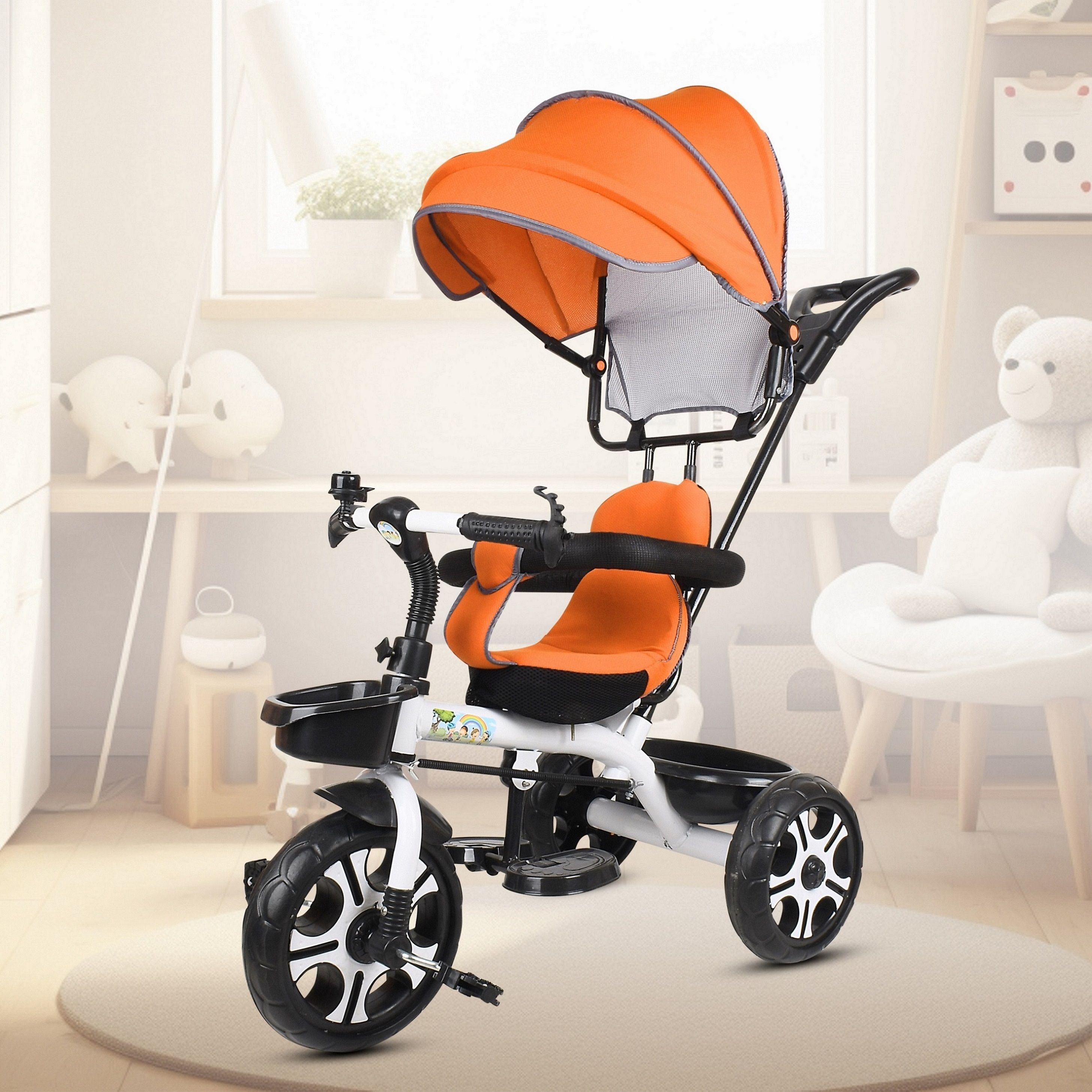 New Canopy Tricycle with Soft Seat,Front-Back Basket,Parental Push Handle,Bell New Canopy Tricycle for Babys with New Colours Yellow::Black Tricycle-image-8