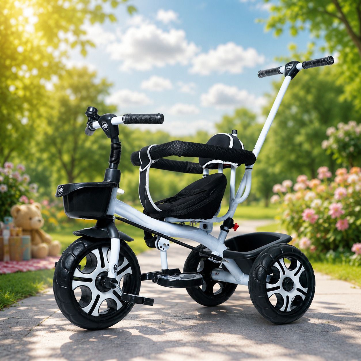 Kids Tricycle with Parent Push Handle for Toddlers, Baby Trike with Safety Guard Rail, Comfortable Cushioned Seat, Storage Basket & Footrest, Ride-On Cycle Tricycle-image-22