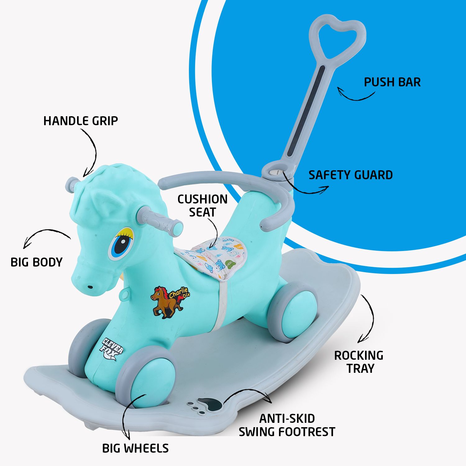 Charlie DLX 2-in-1 Horse Ride-on & Rocker Toy for Kids (Blue) Charlie Dlx Tricycle-image-25