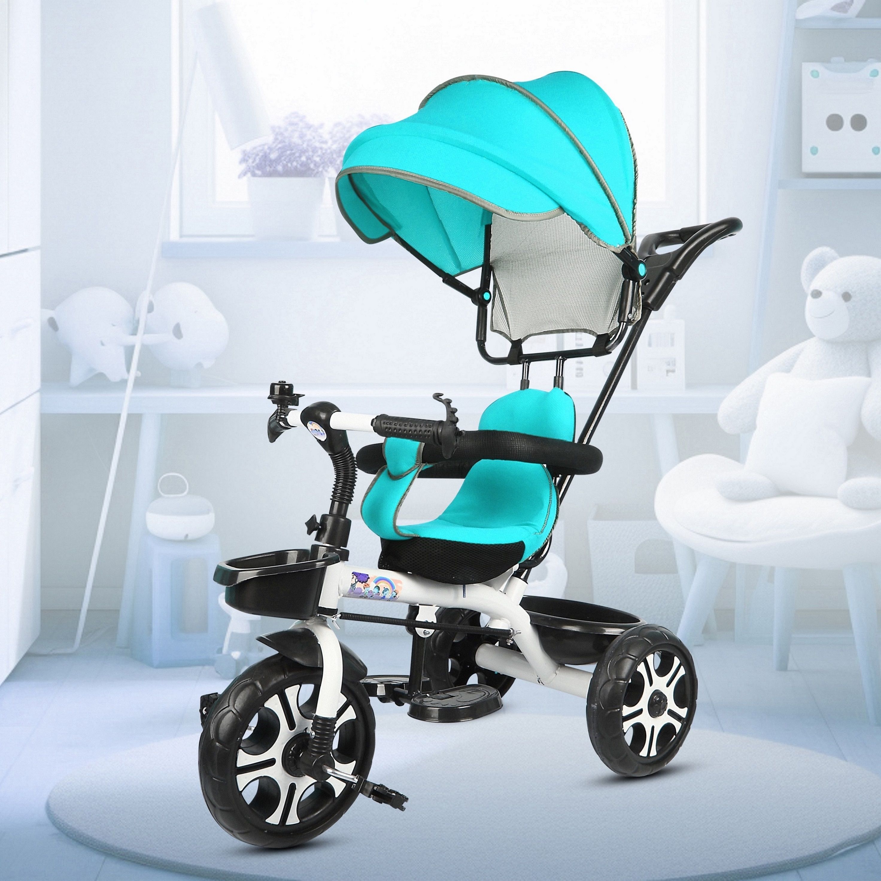 dugri Kids Canopy Tricycle with Soft Seat,Front-Back Basket,Parental Push Handle,Bell Sefty Canopy Tricycle for Babys with New Colours Tricycle-picture-48