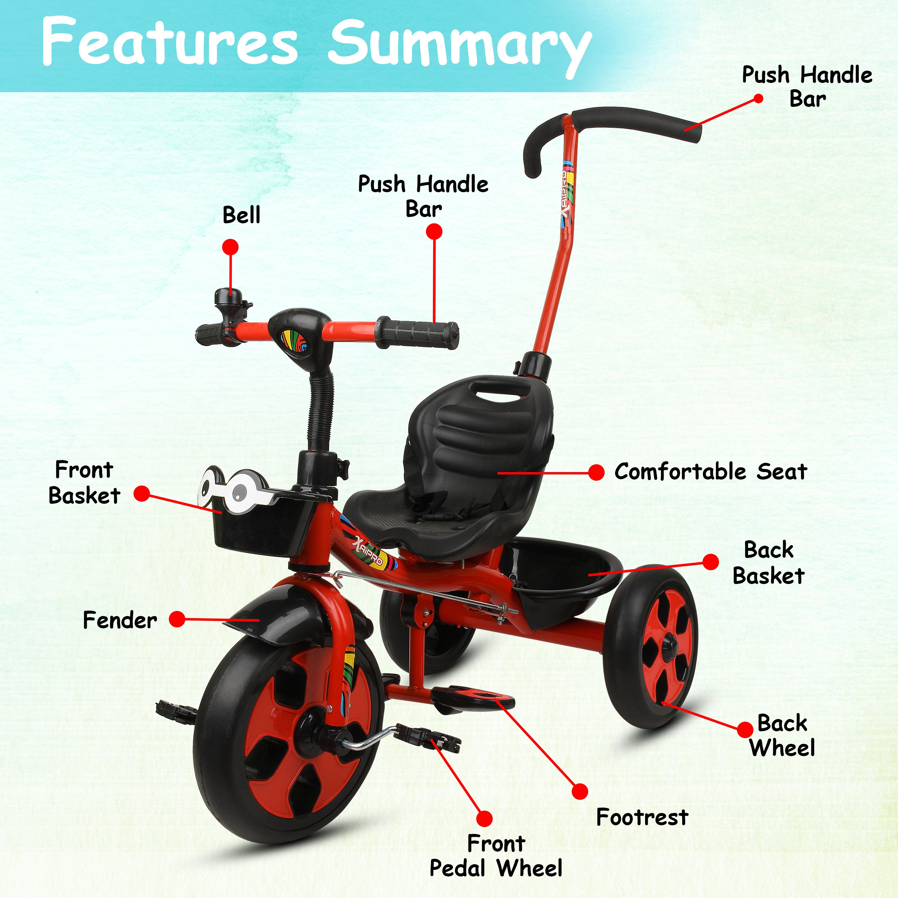 xaipro XR-100 RED HANDLE TRICYCLE FOR BOYS AND GIRLS 10 T (inch) Road Cycle-picture-41