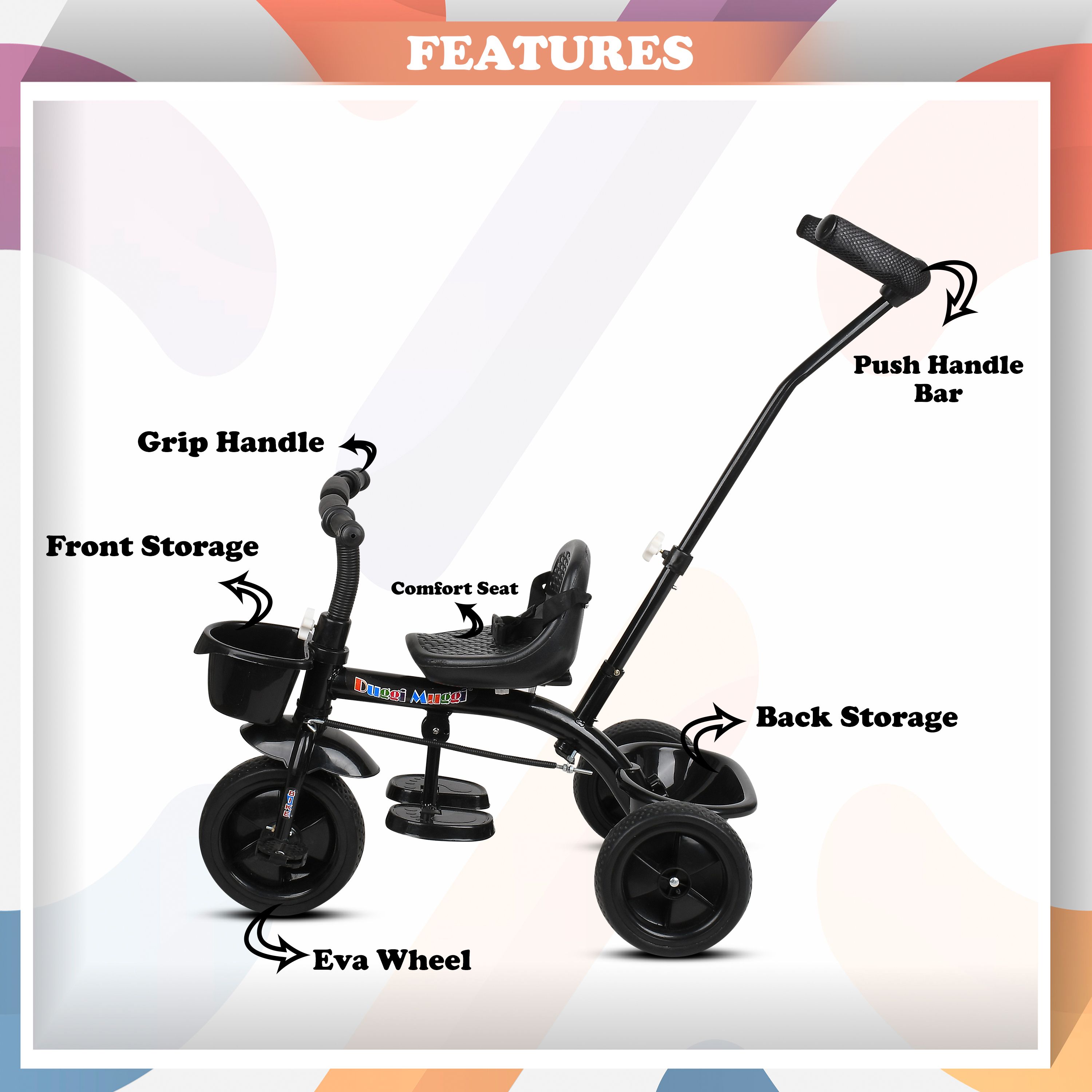 toyshoppee Kids Tricycle with Parental Push Handle for Kids| Age Group 1.5 to 5 Years R-9 Kids Tricycle Black Tricycle-picture-26