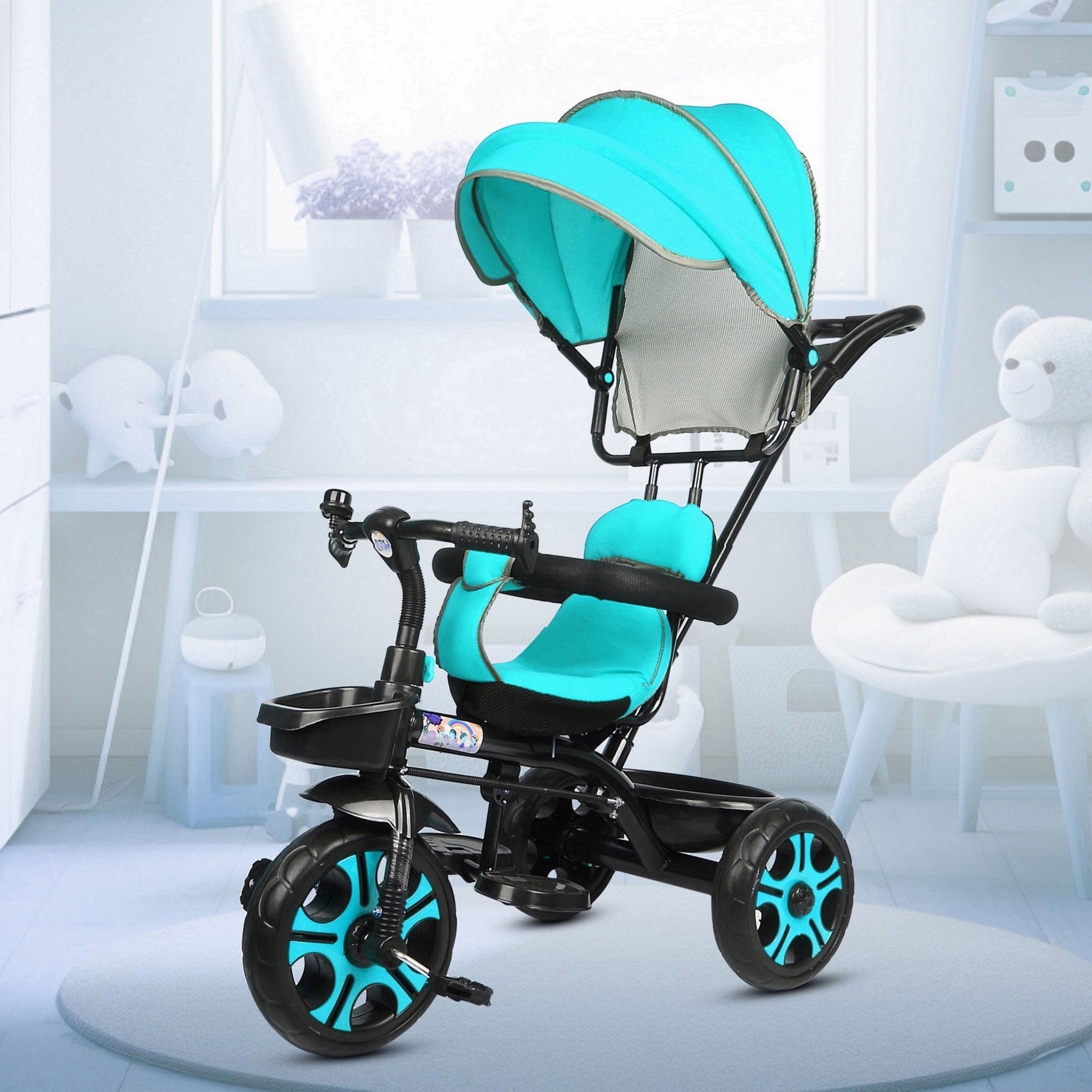 Best Canopy Tricycle with Soft Seat,Front-Back Basket,Parental Push Handle,Bell Baby Canopy Tricycle for Babys with New Colours Yellow::Black Tricycle-image-7